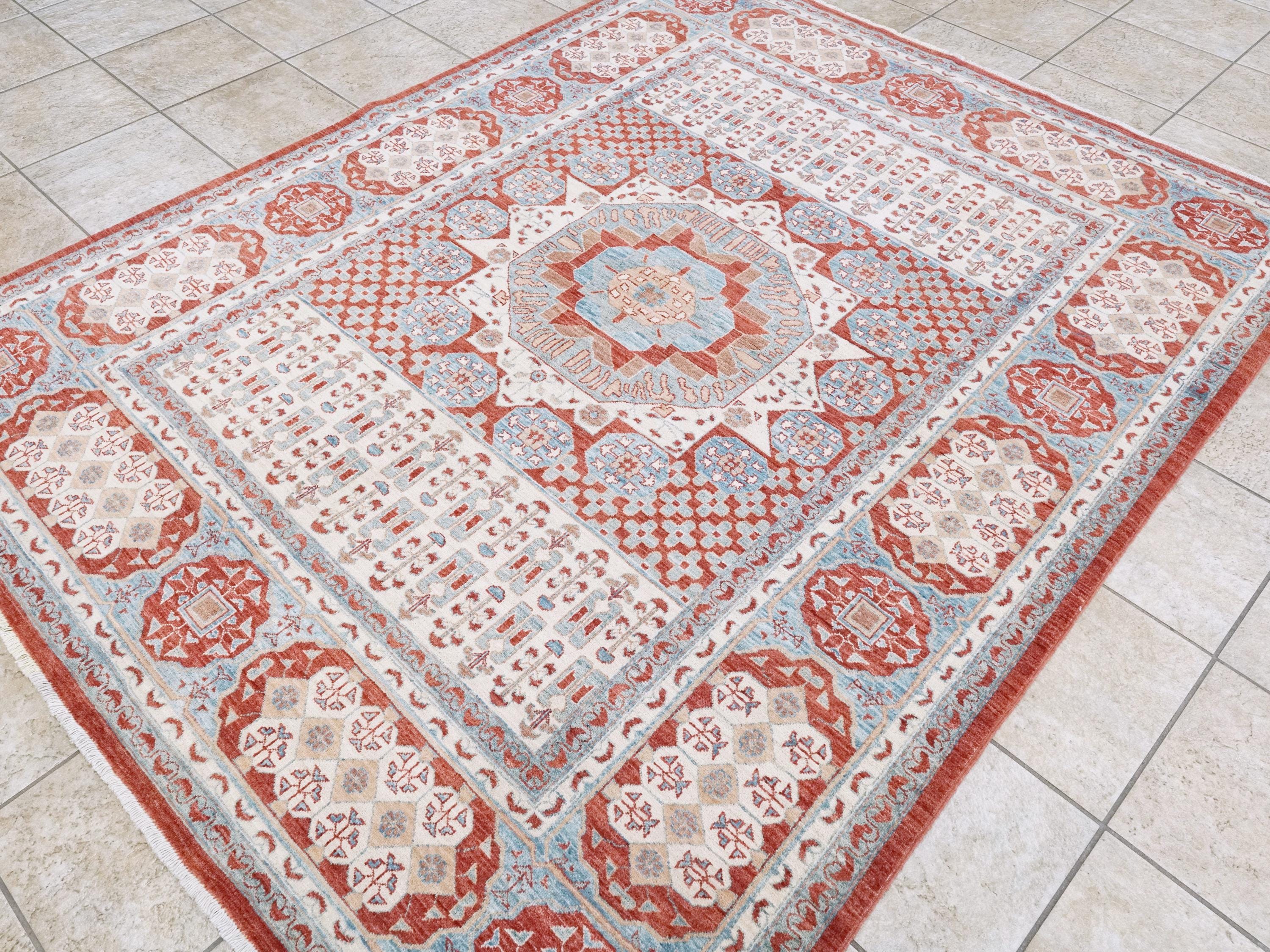 6x8 Ft Red & Beige Mamluk Rug - Hand Knotted Oriental Rug - Traditional Design