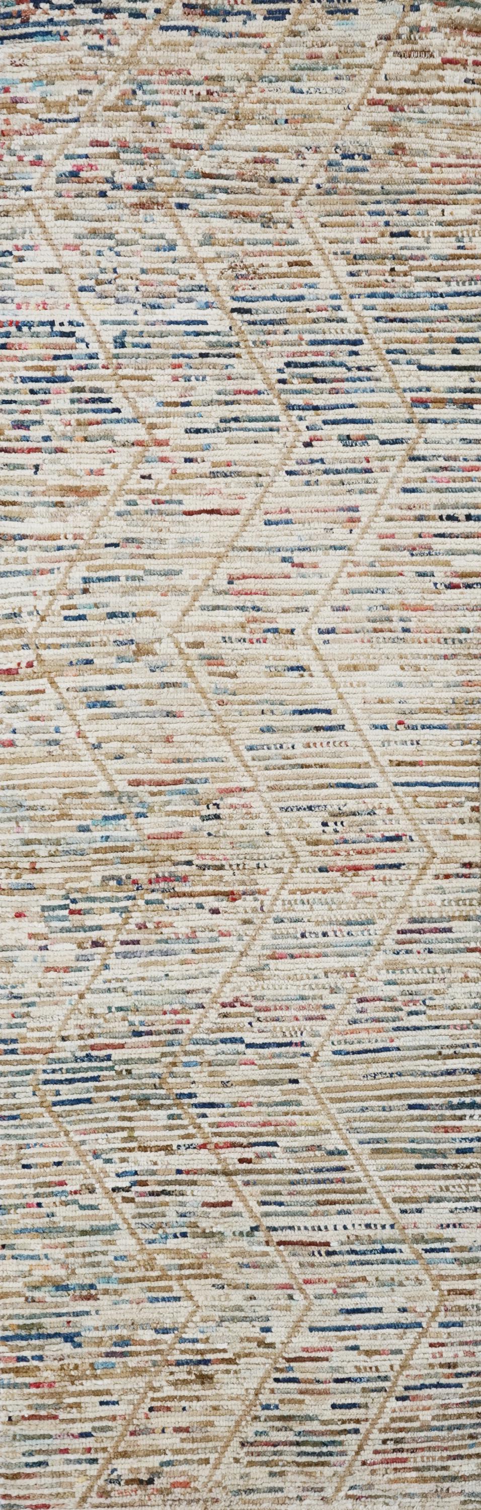 9 Ft Handmade Afghan Wool Runner Rug - Beige Moroccan Style