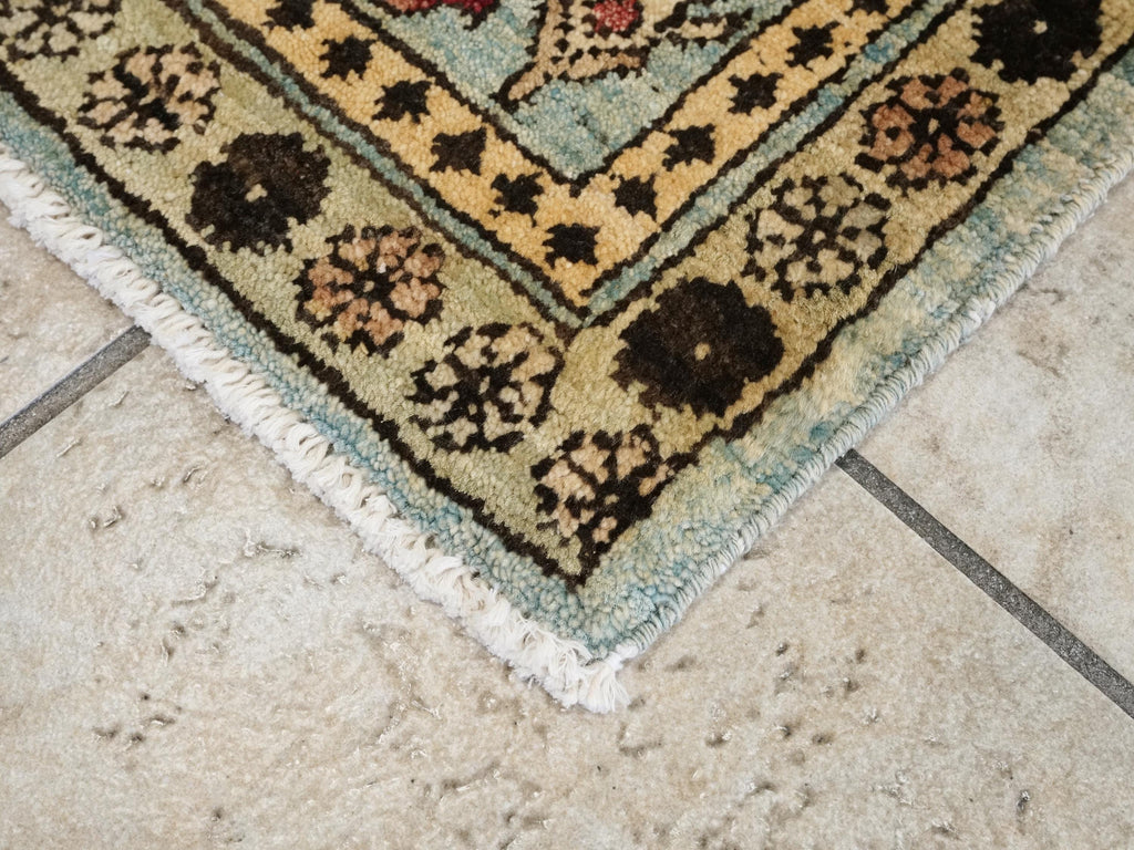 2x3 Ft Hand Knotted Heriz Wool Rug - Yellow & Blue Accent Rug