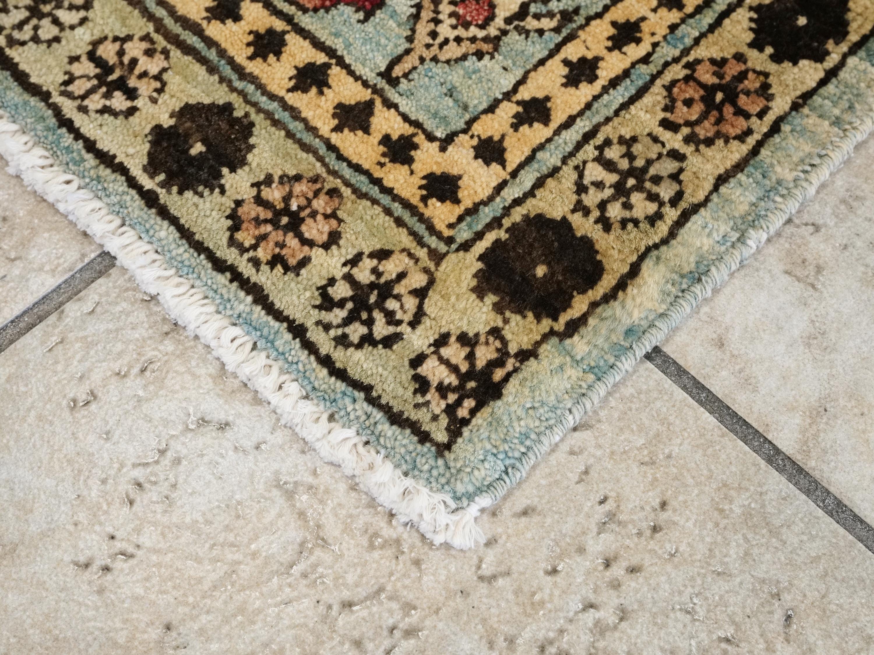 2x3 Ft Hand Knotted Heriz Wool Rug - Yellow & Blue Accent Rug