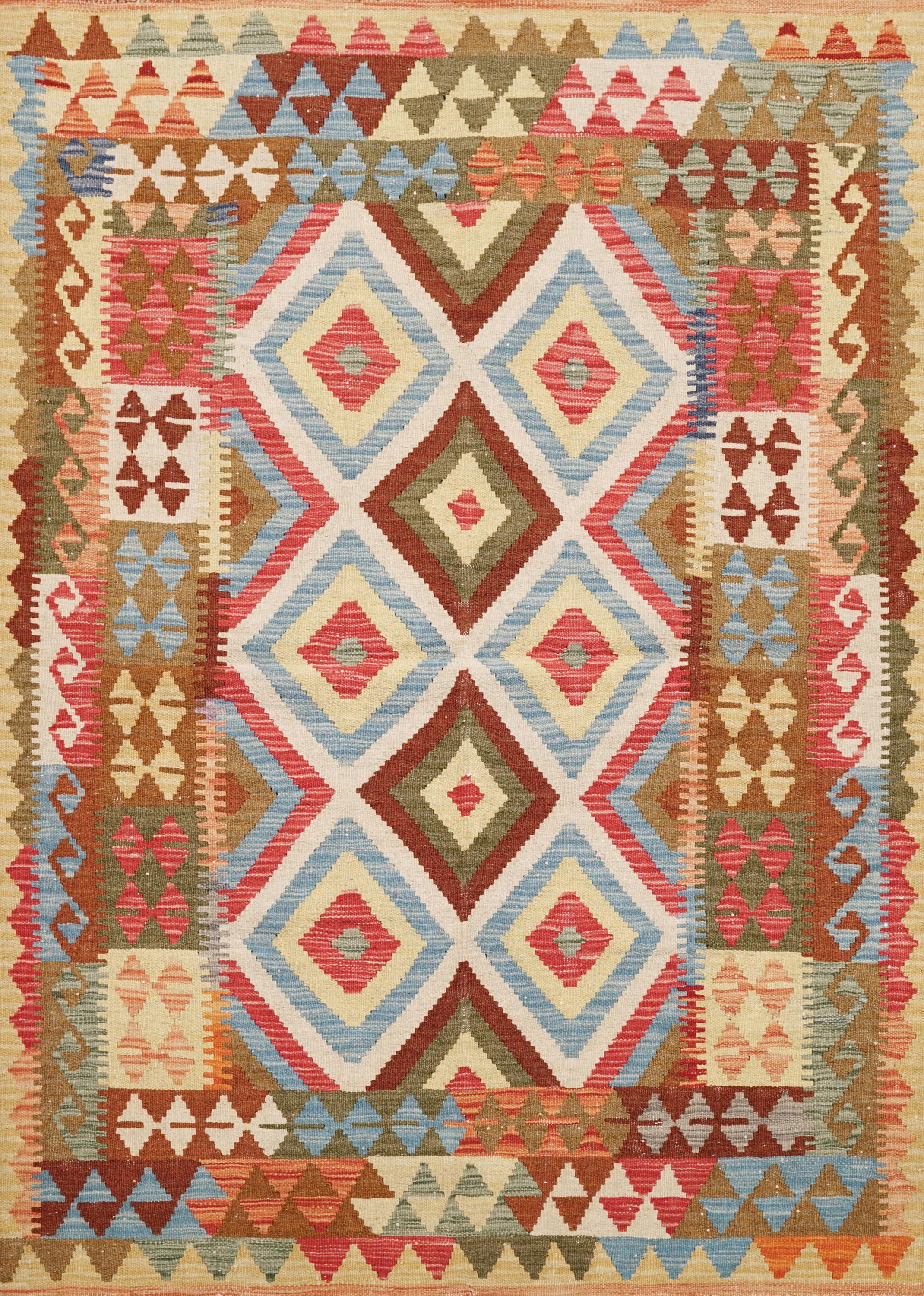 4x6 Ft Wool Kilim Rug - Colorful Flat Weave Tribal Rug
