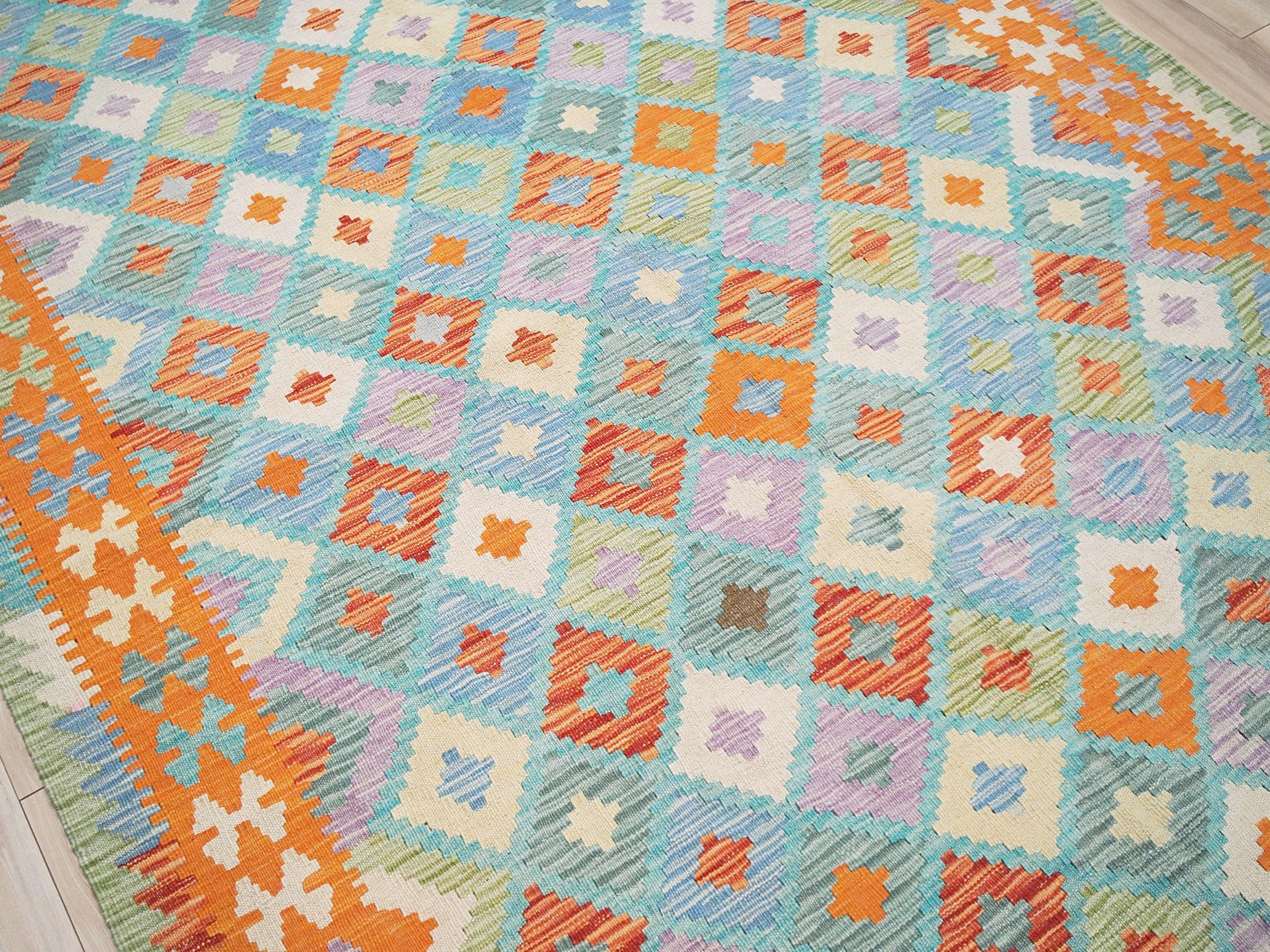 5x7 Ft Orange & Blue Kilim Rug - Handwoven Afghan Flat Weave