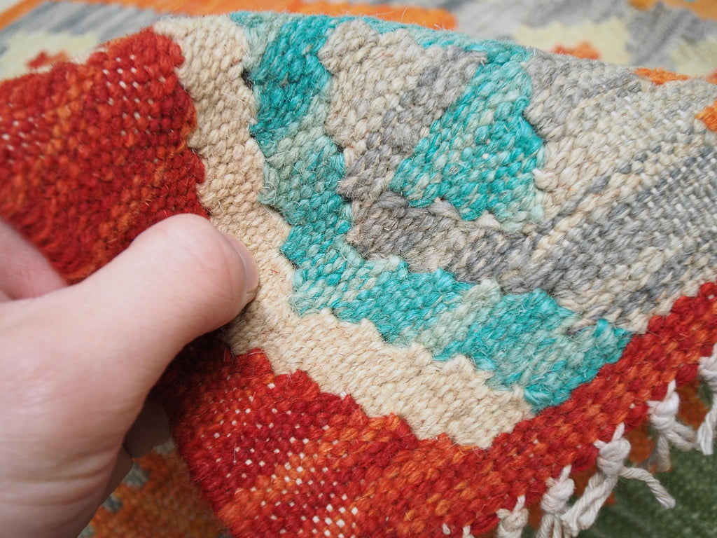 7x10 Ft Orange & Green Kilim Rug - Afghan Tribal Flat Weave