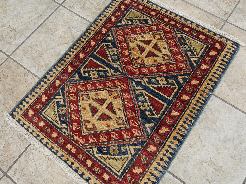 2x3 Ft Handmade Afghan Heriz Rug - Blue Wool Accent Rug