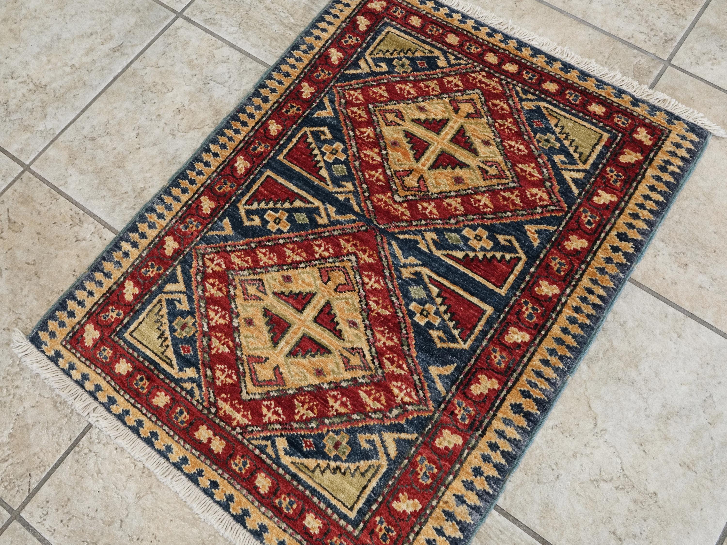 2x3 Ft Handmade Afghan Heriz Rug - Blue Wool Accent Rug