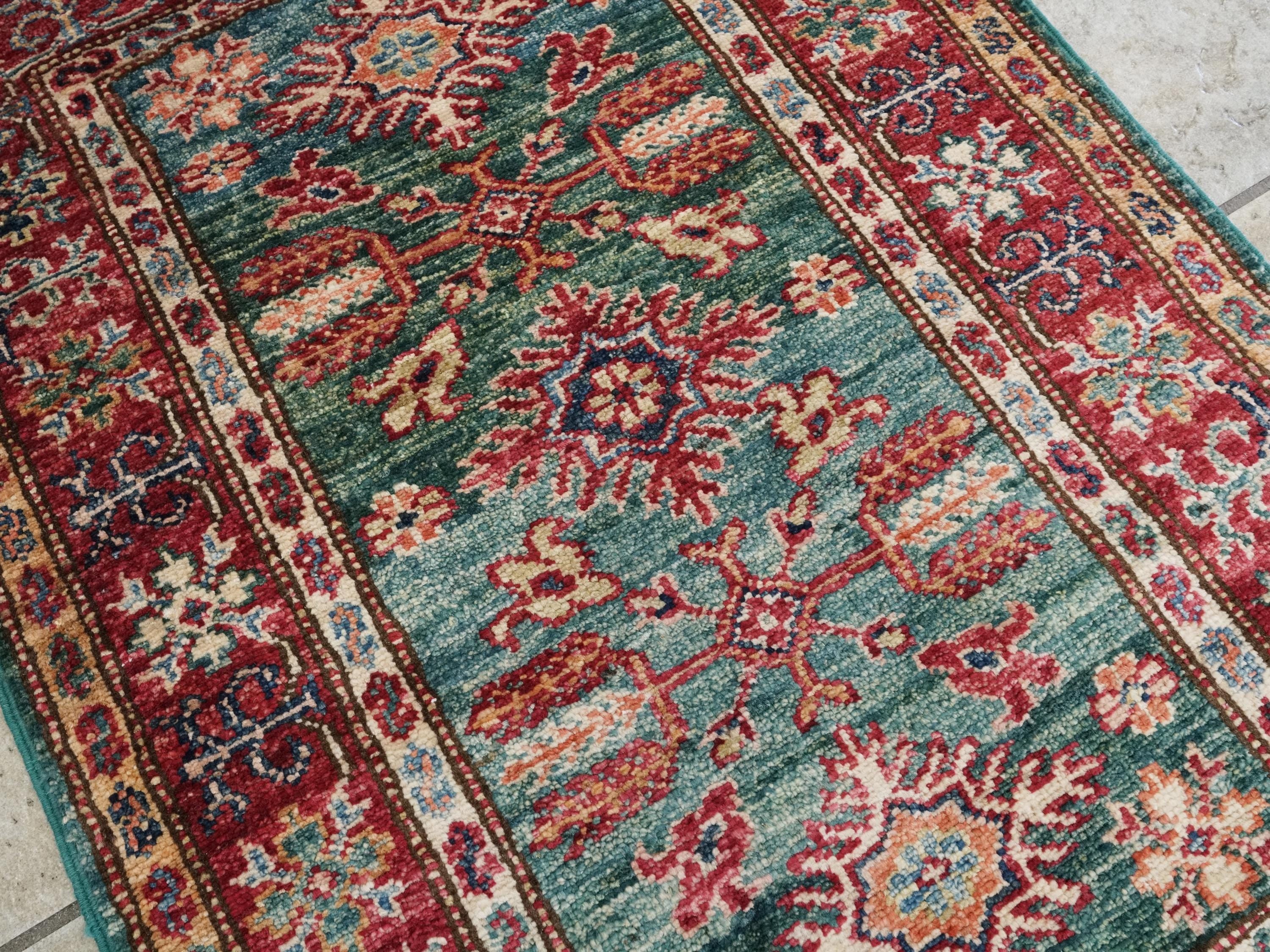 2x3 Ft Handmade Green Wool Kazak Rug - Afghan Oriental Accent Rug