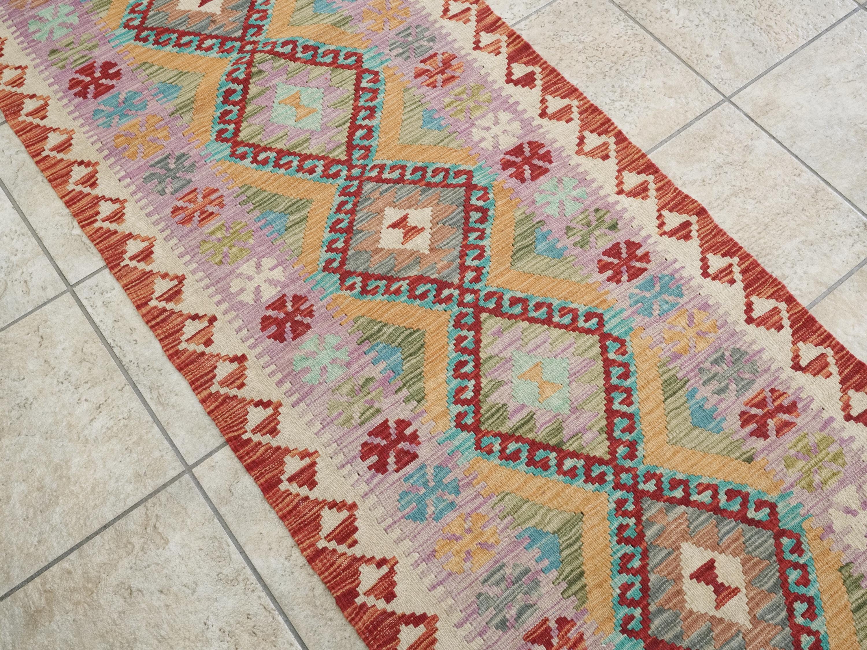 7 Ft Red Kilim Runner Rug - Traditional Flat Weave, Ghazni Wool Rug