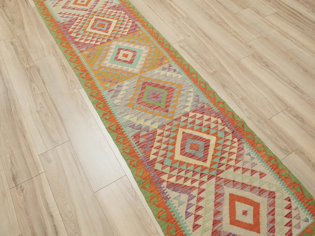 10 Ft Red Kilim Runner Rug - Flat Weave Wool Rug