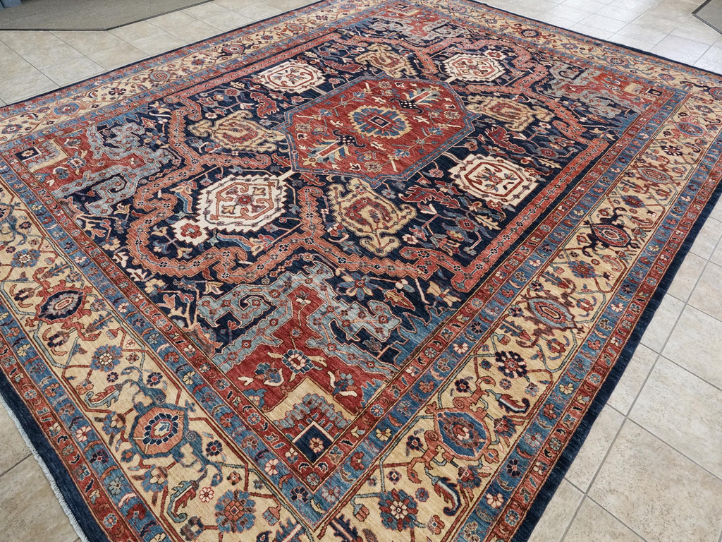 12x15 Ft Hand Knotted Afghan Heriz Rug - Blue & Red Wool Rug