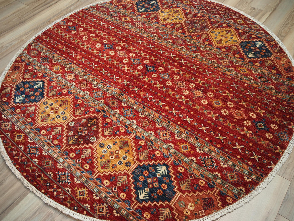6x6 Ft Red Khorjin Rug - Hand Knotted Round Oriental Rug