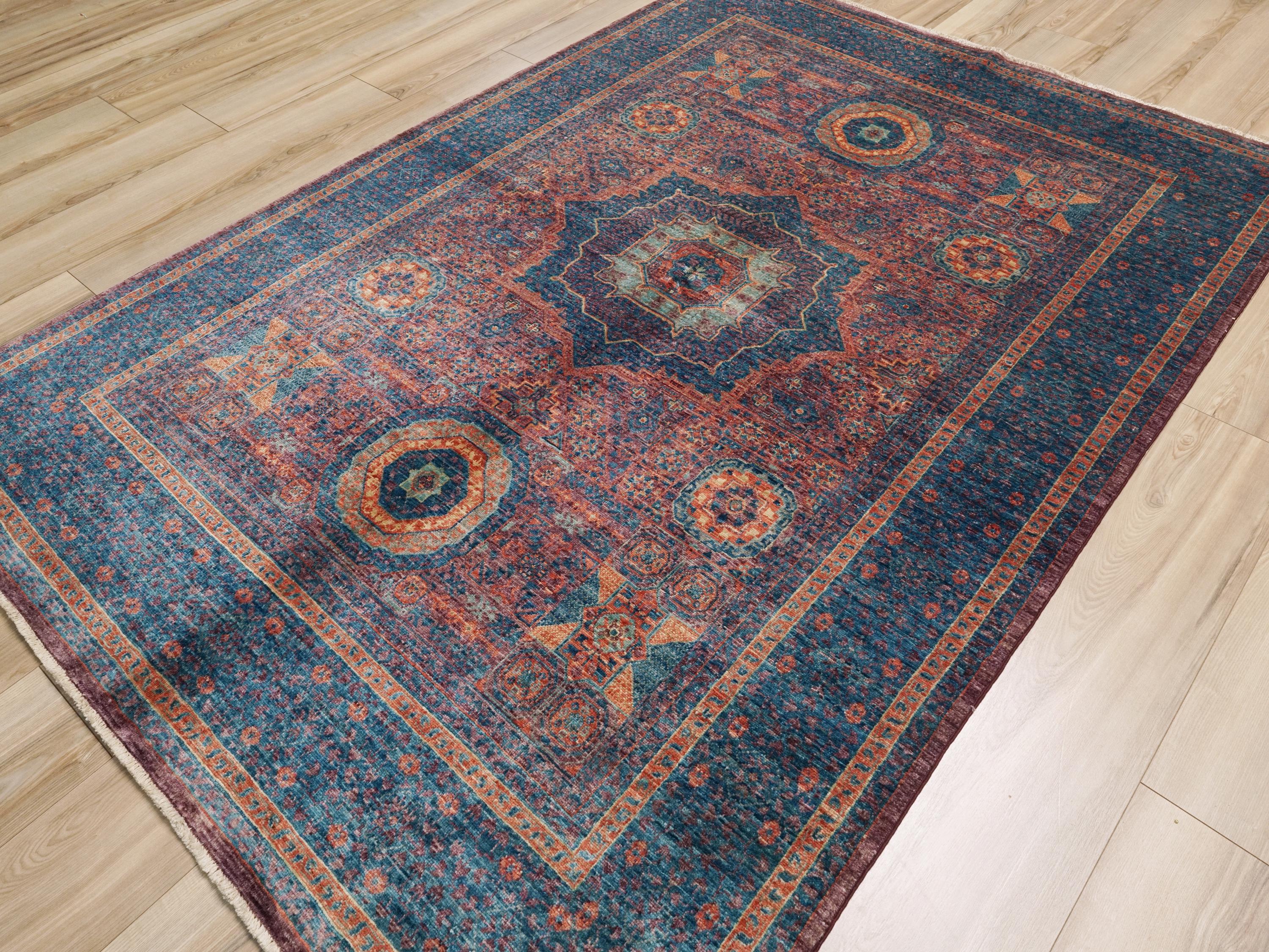 6x8 Ft Blue Mamluk Rug - Hand Knotted Oriental Rug - Geometric Design