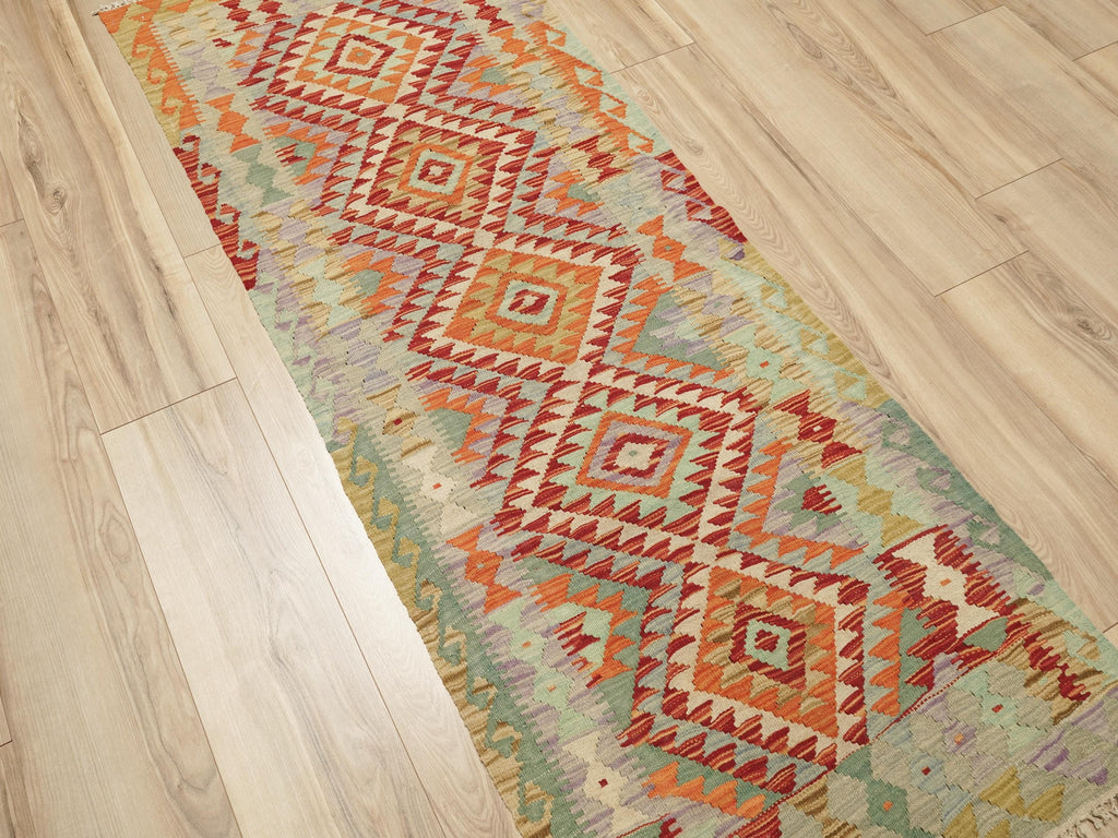 6 Ft Kilim Runner Rug - Green & Red Flatweave