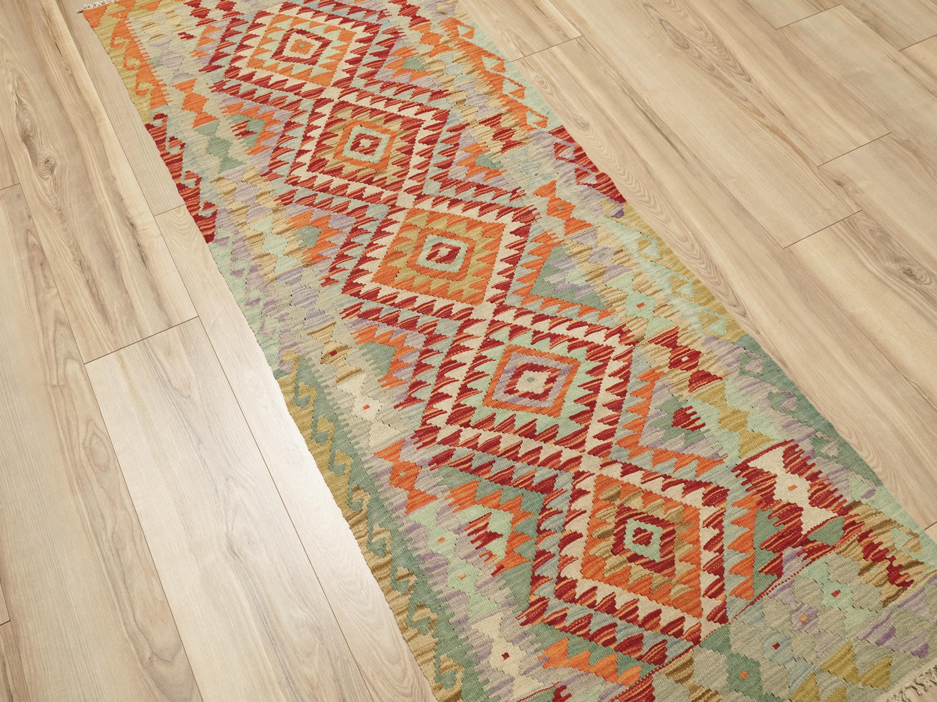 6 Ft Kilim Runner Rug - Green & Red Flatweave