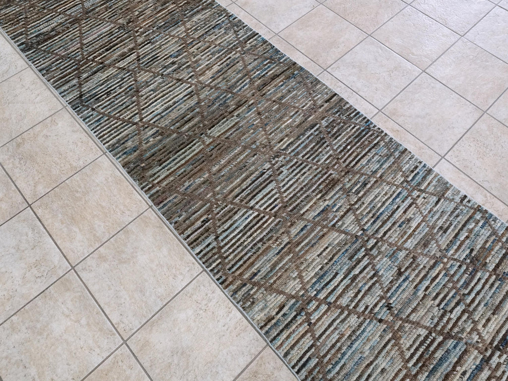 16 Ft Blue Moroccan Runner Rug - Afghan Handmade Hallway Rug - Contemporary Design