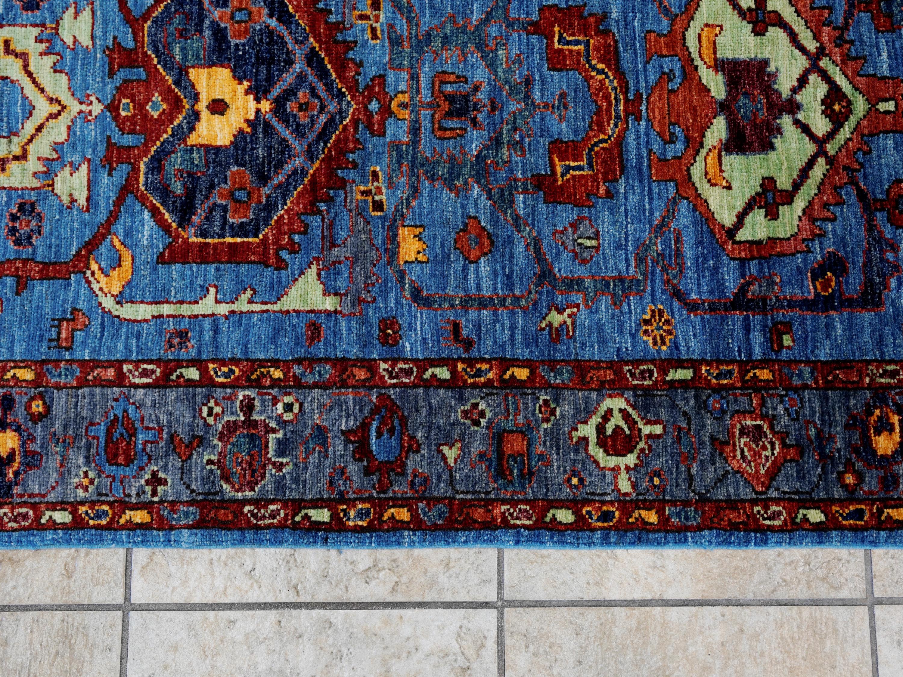 11 Ft Blue Heriz Runner Rug - Hand Knotted Hallway Rug - Persian Design