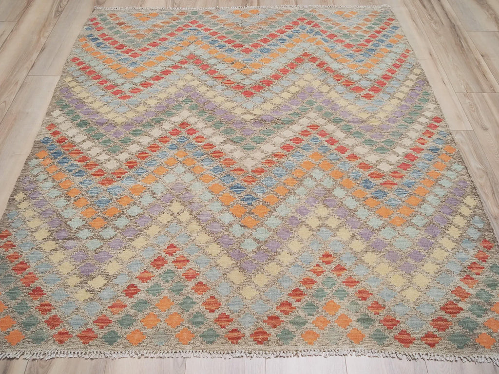 5x6 Ft Tribal Kilim Rug: Red Orange Flat Weave Wool Rug