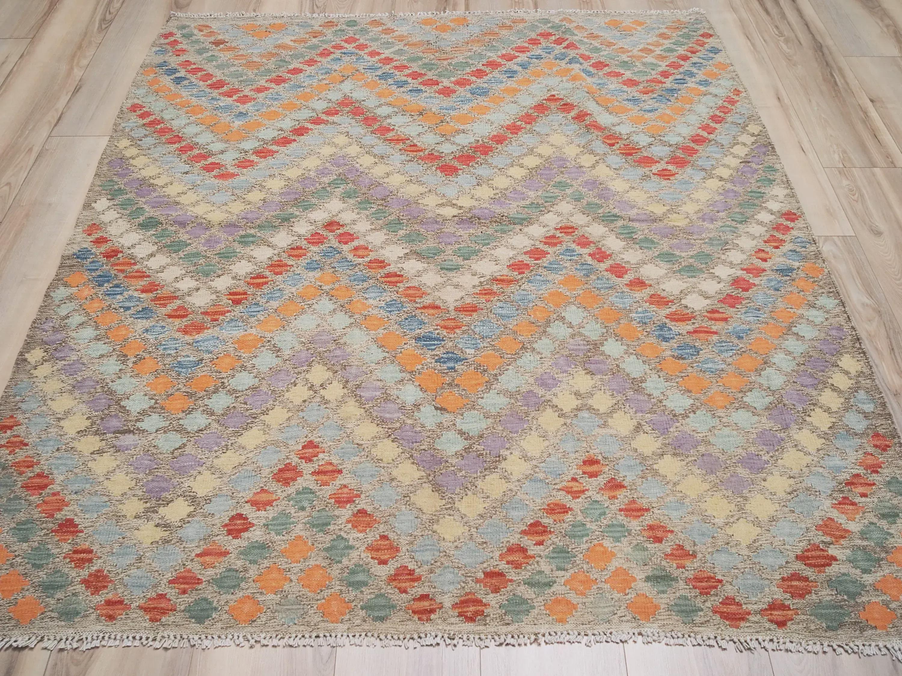 5x6 Ft Tribal Kilim Rug: Red Orange Flat Weave Wool Rug