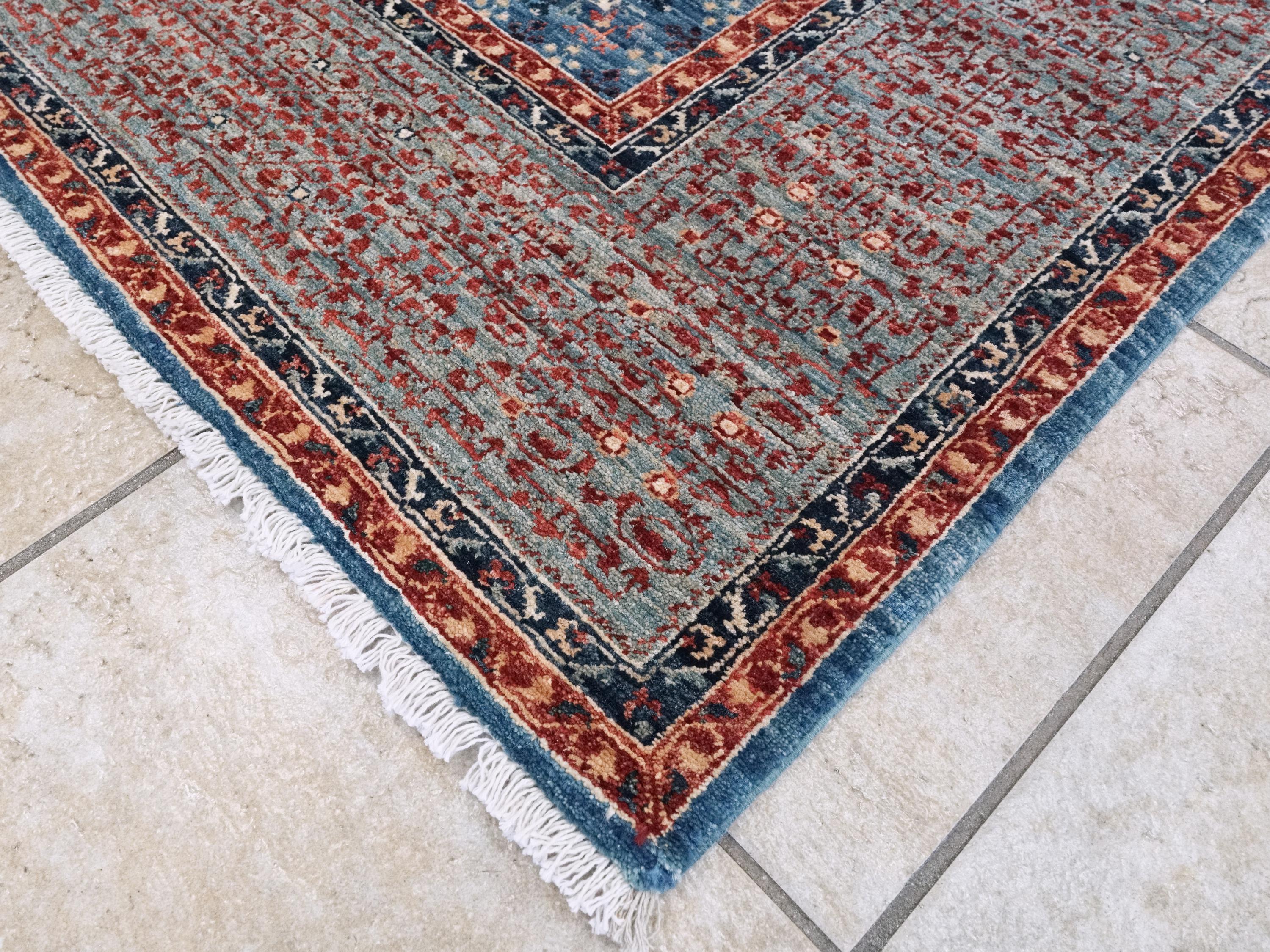 6x9 Ft Blue Mamluk Rug - Hand Knotted Afghan Wool Rug - Geometric Design
