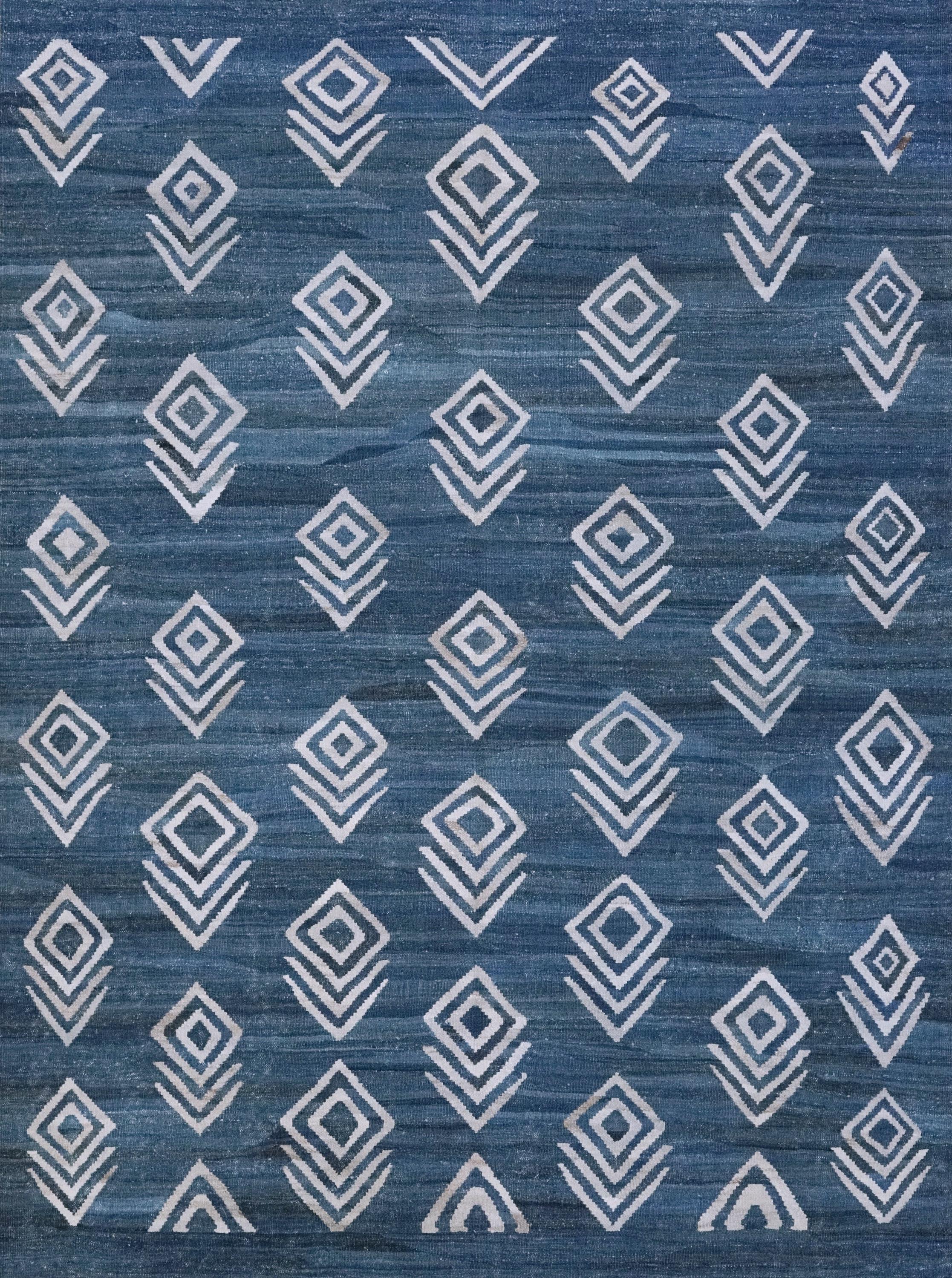 6x8 Ft Blue Kilim Rug - Flatweave Area Rug - Contemporary Design