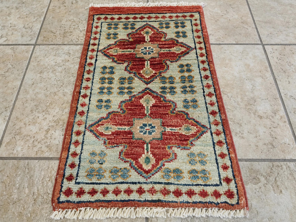 1x2 Ft Hand Knotted Heriz Rug - Blue & Red Afghan Wool