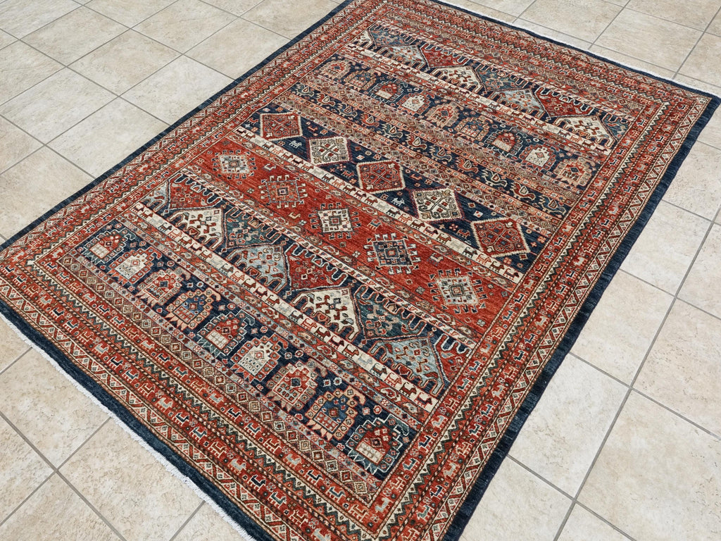 5x7 Ft Red & Blue Heriz Rug - Handmade Area Rug - Geometric Design