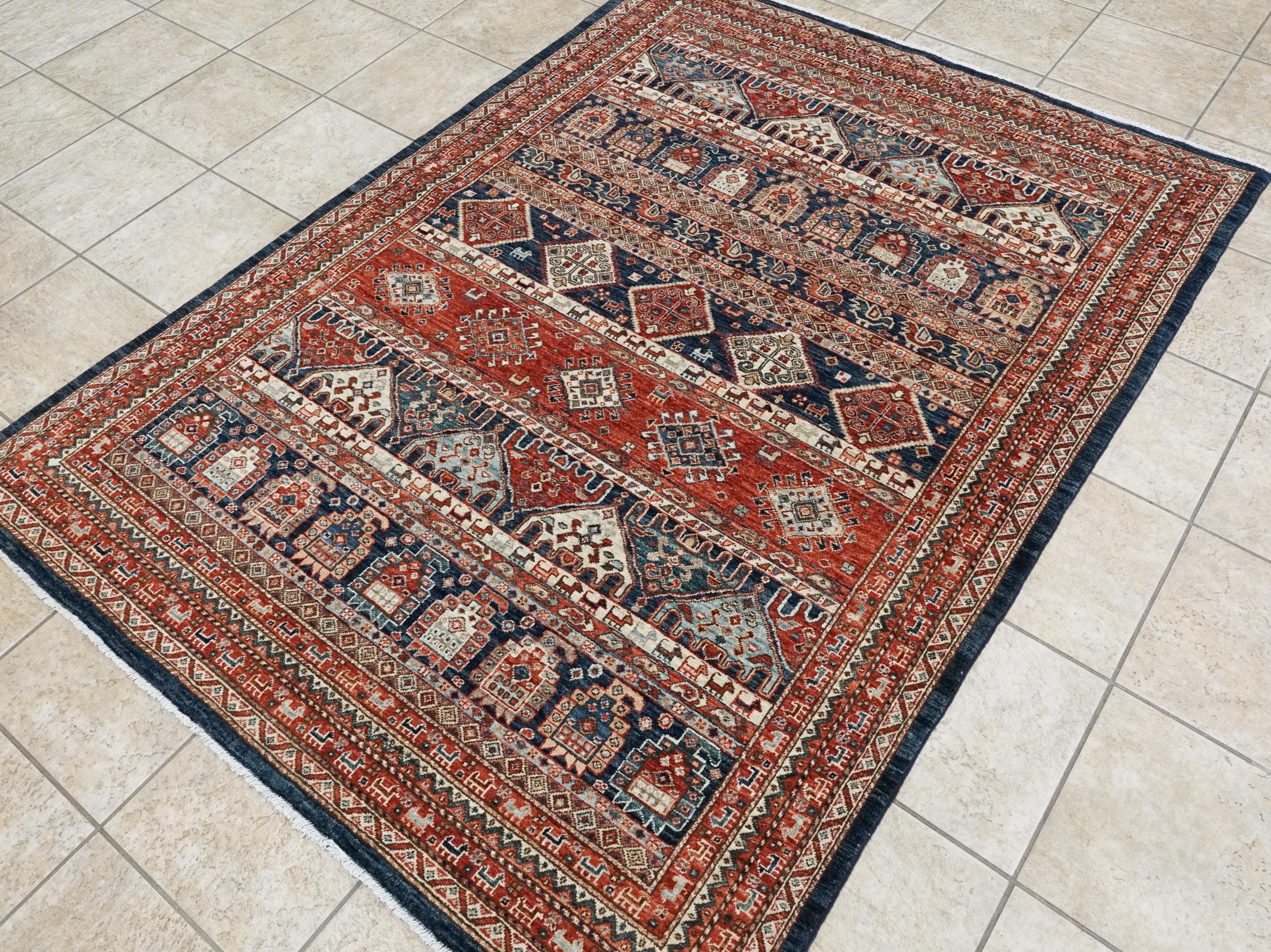 5x7 Ft Red & Blue Heriz Rug - Handmade Area Rug - Geometric Design