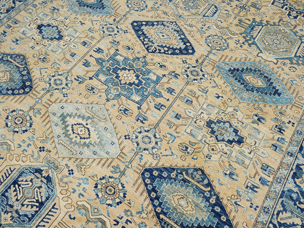 10x14 Ft Beige & Blue Heriz Rug - Hand Knotted Antique Rug