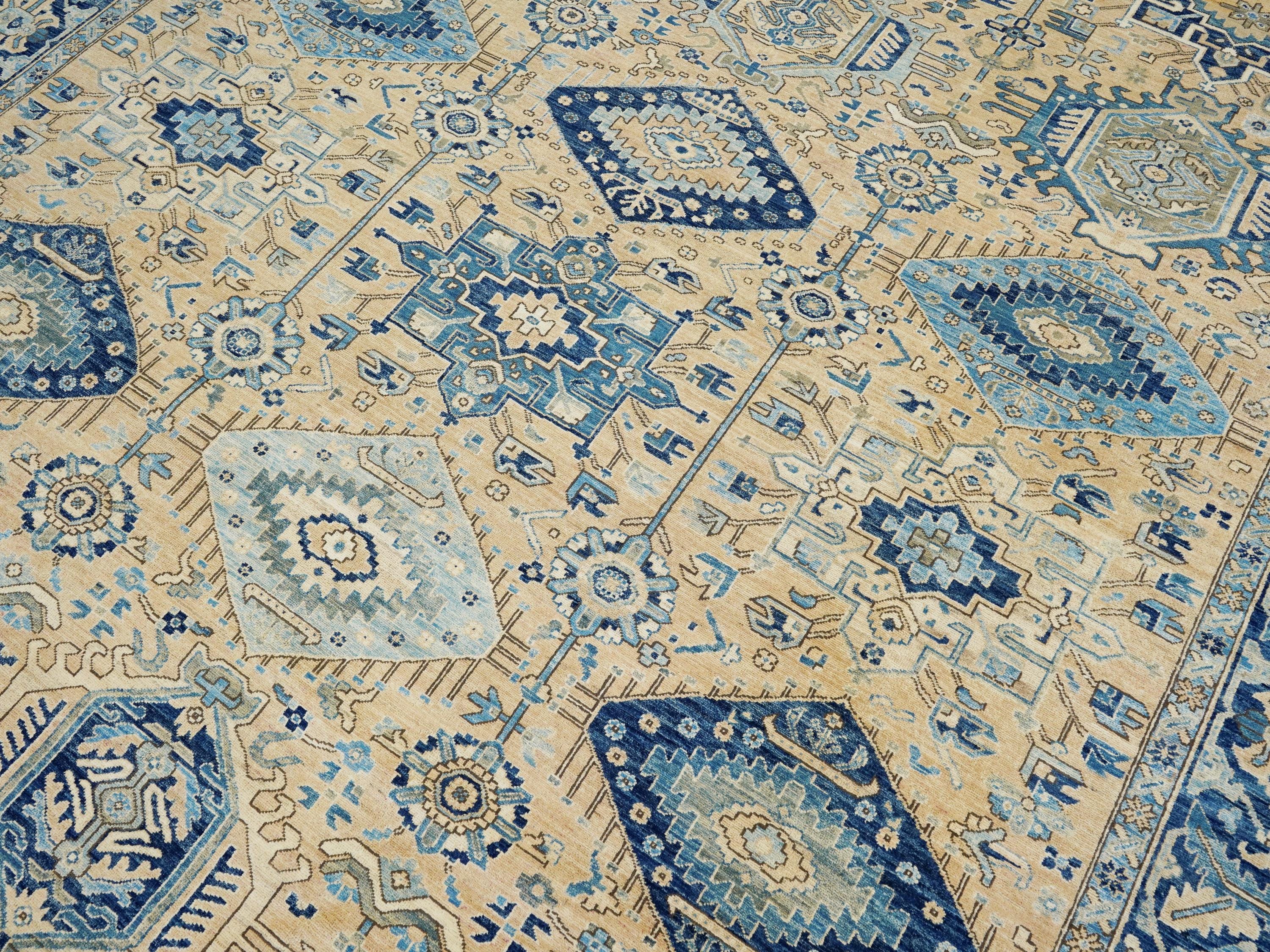 10x14 Ft Beige & Blue Heriz Rug - Hand Knotted Antique Rug