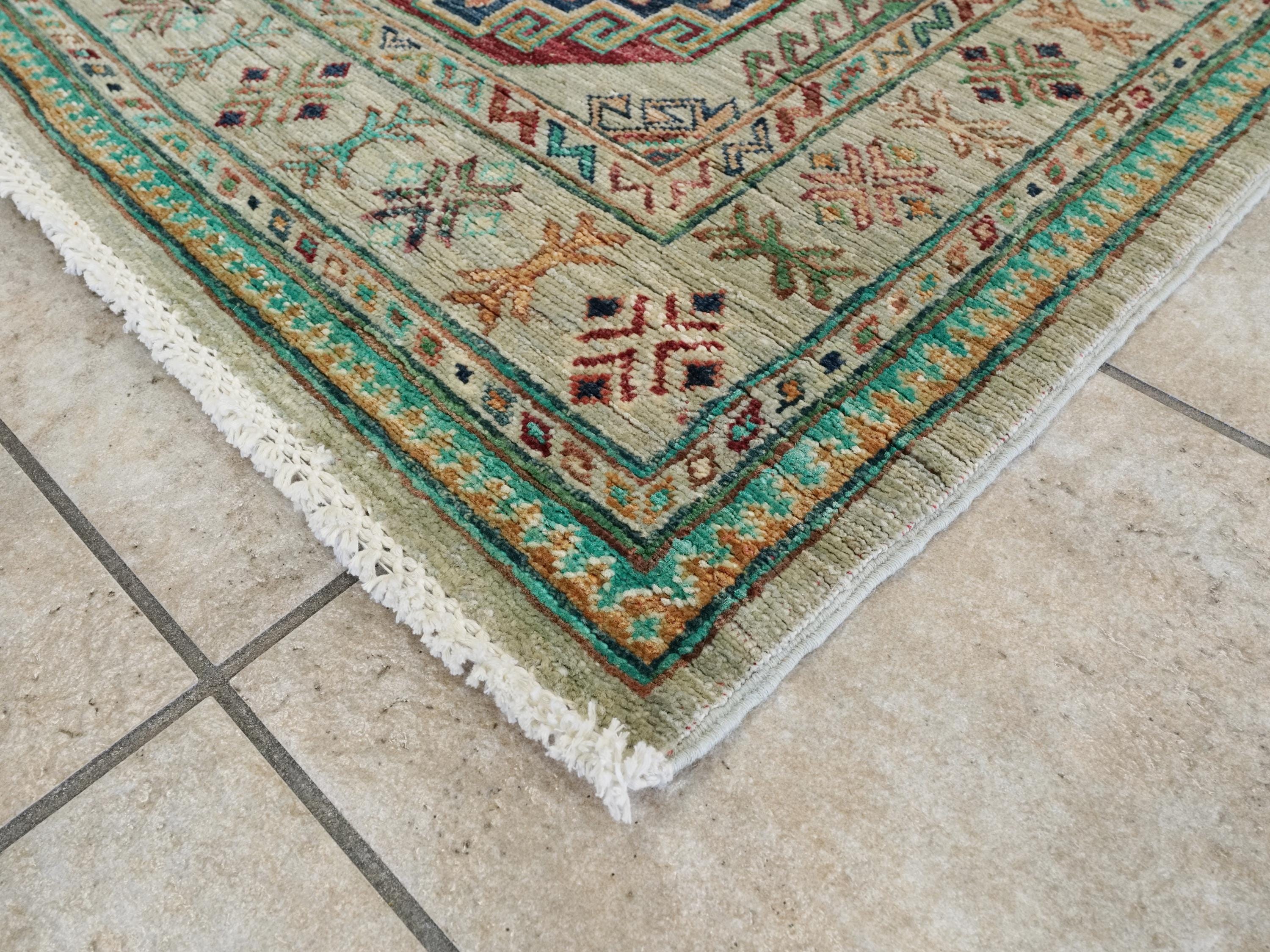 9 Ft Light Green Ersari Runner Rug - Hand Knotted Hallway Rug - Turkmen Design