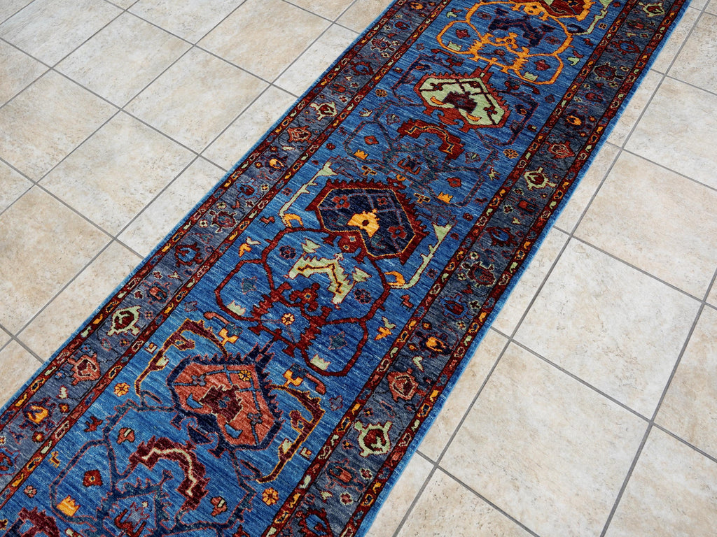 11 Ft Blue Heriz Runner Rug - Hand Knotted Hallway Rug - Persian Design