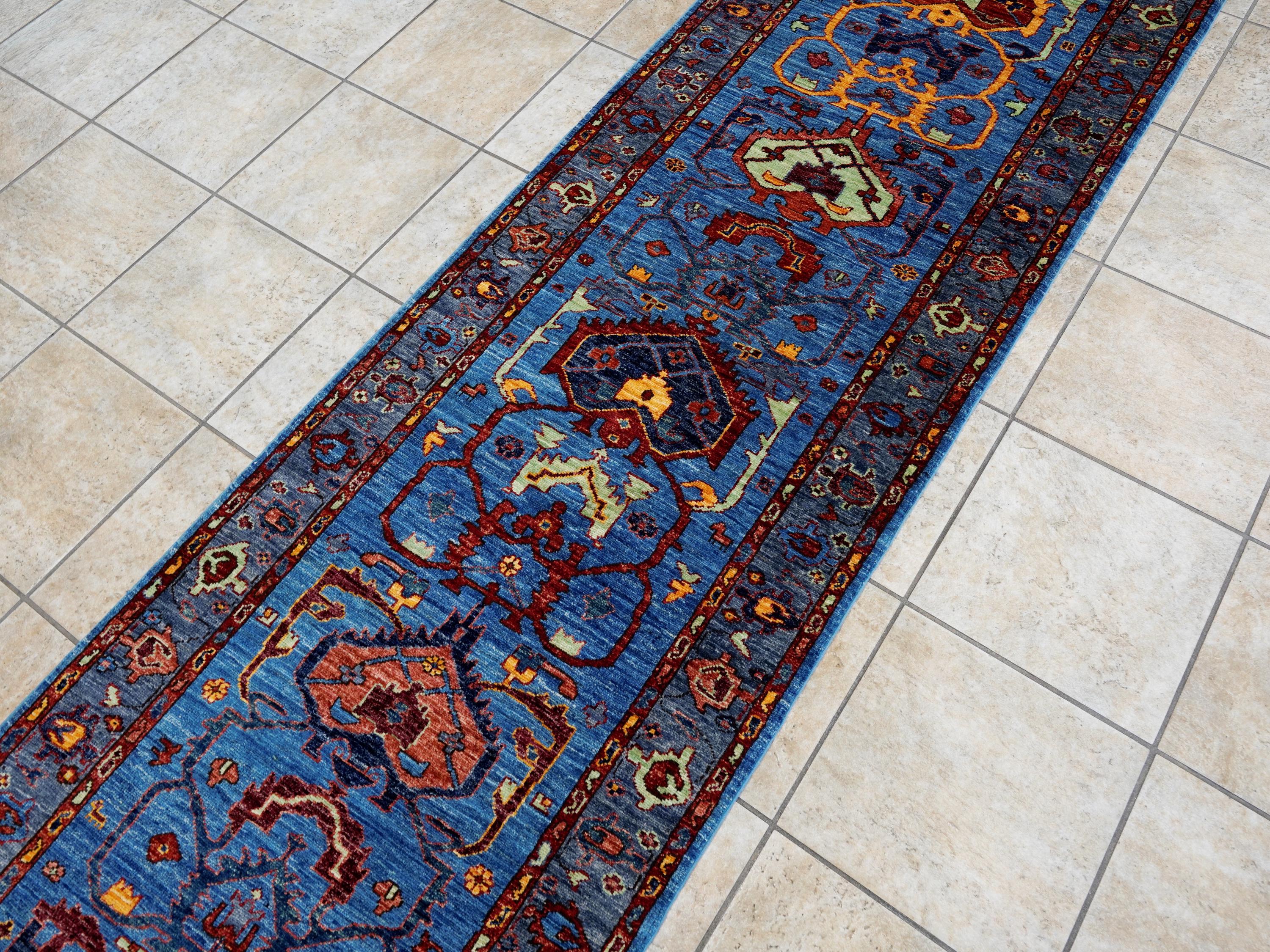 11 Ft Blue Heriz Runner Rug - Hand Knotted Hallway Rug - Persian Design