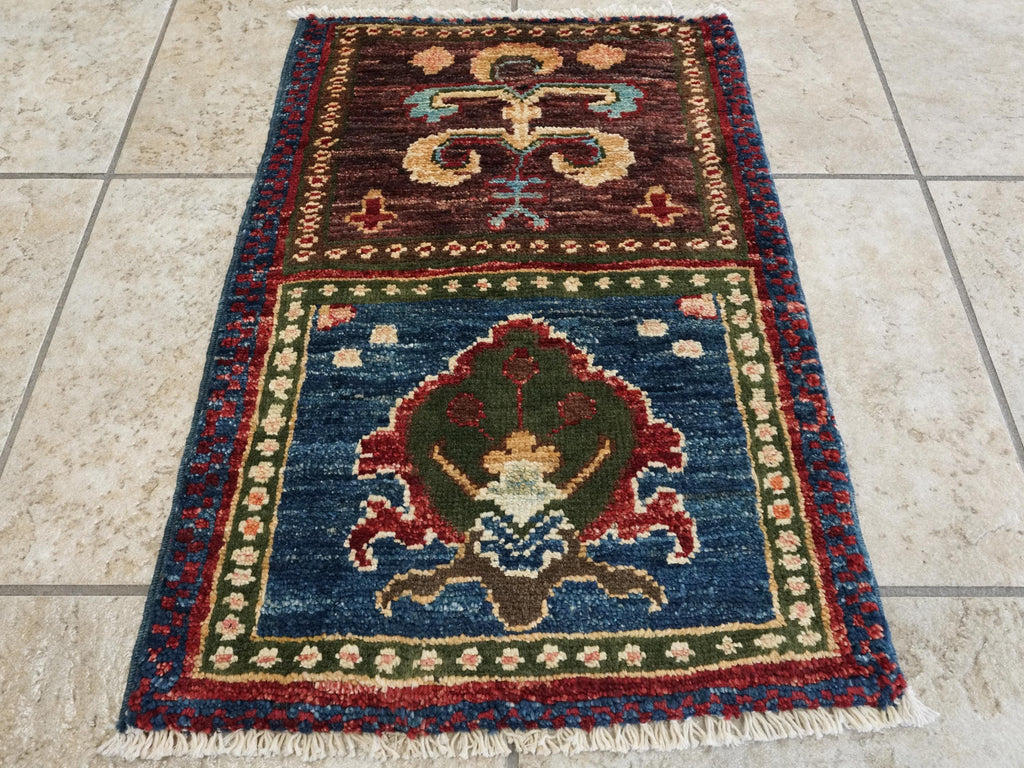 1x2 Ft Hand Knotted Brown Heriz Rug - Ghazni Wool Accent Rug