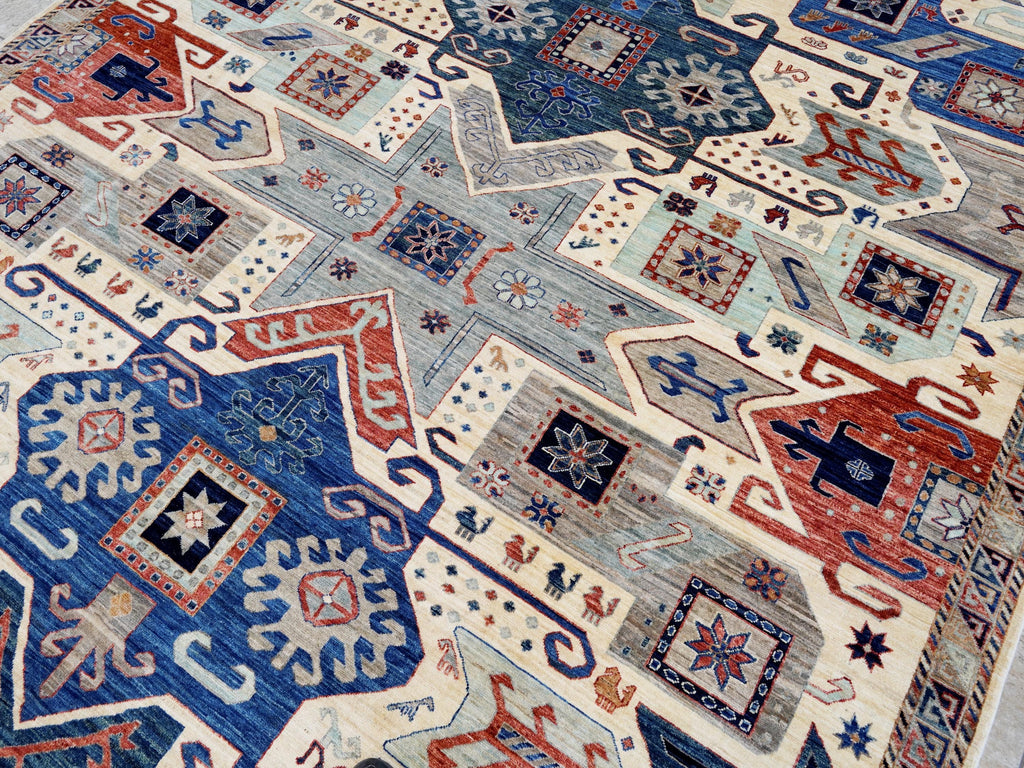 9x12 Ft Beige Heriz Rug - Afghan Oriental Area Rug - Geometric Design