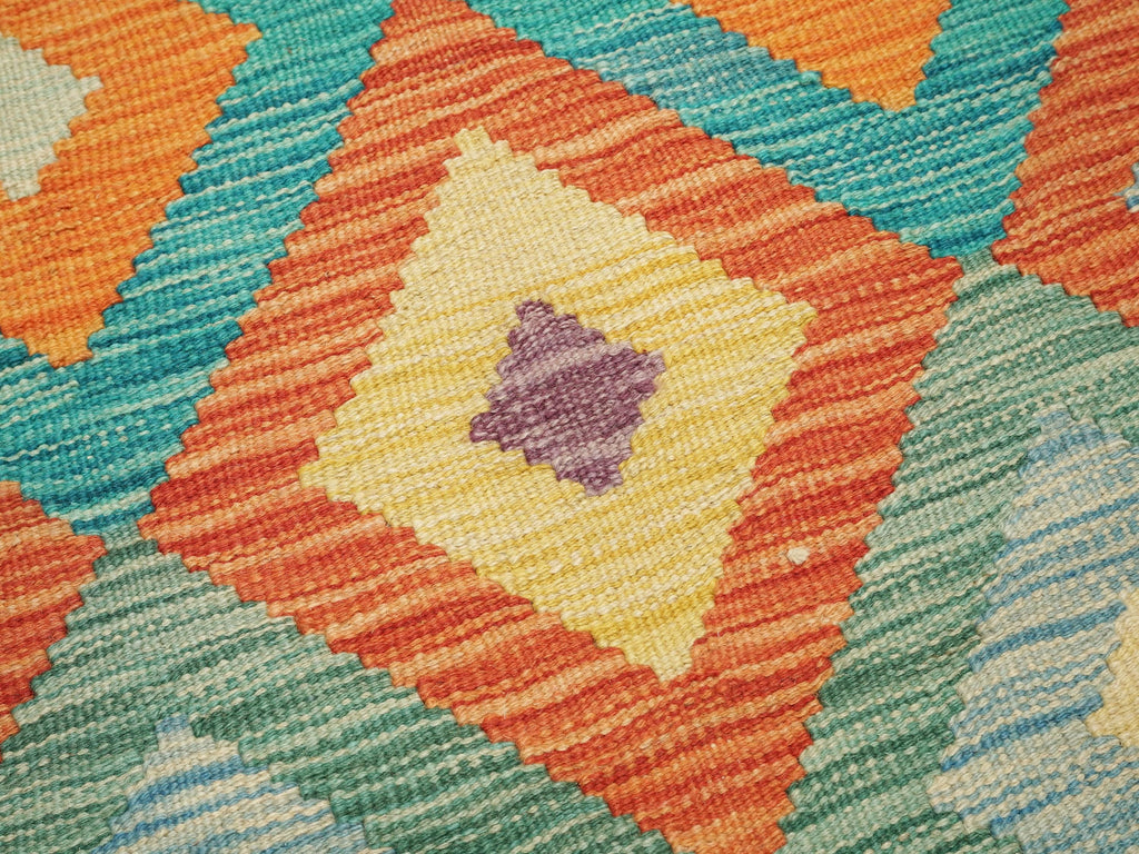 9 Ft Kilim Runner Rug - Green & Orange Traditional Afghan Rug