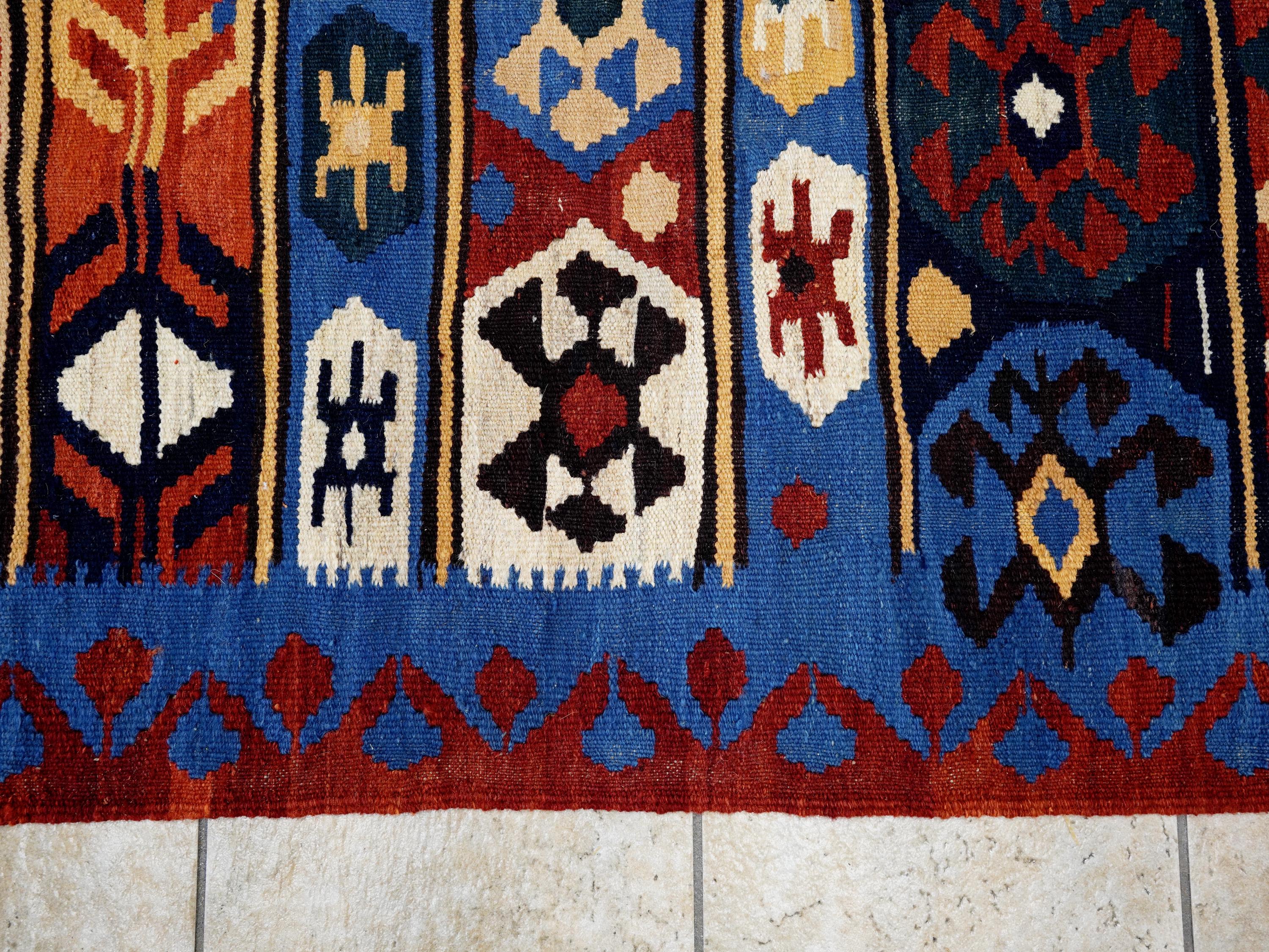 5x7 Ft Blue & Red Kilim Rug - Handwoven Afghan Flat Weave - Tribal Design