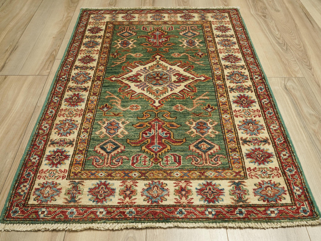 3x4 Ft Green Kazak Rug - Afghan Handmade Wool Rug
