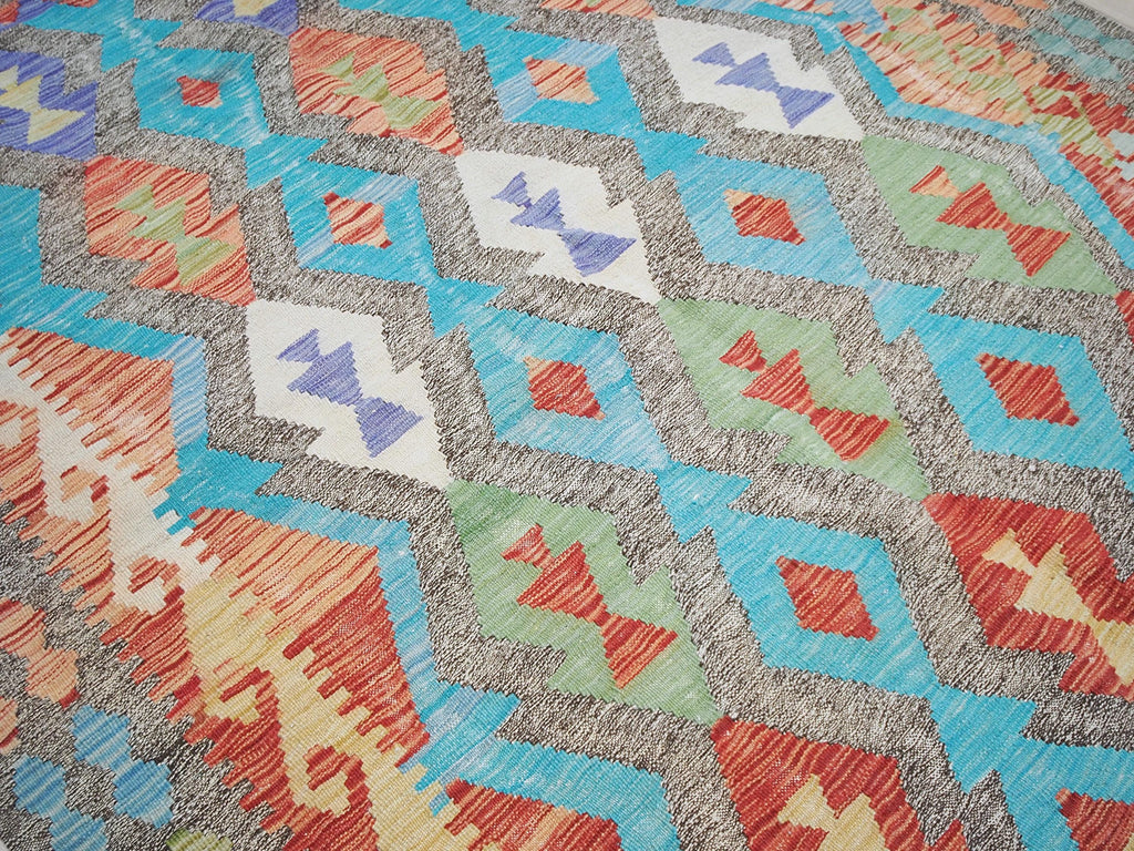 5x6 Ft Cyan Tribal Kilim Rug - Flat Weave Scandinavian Rug