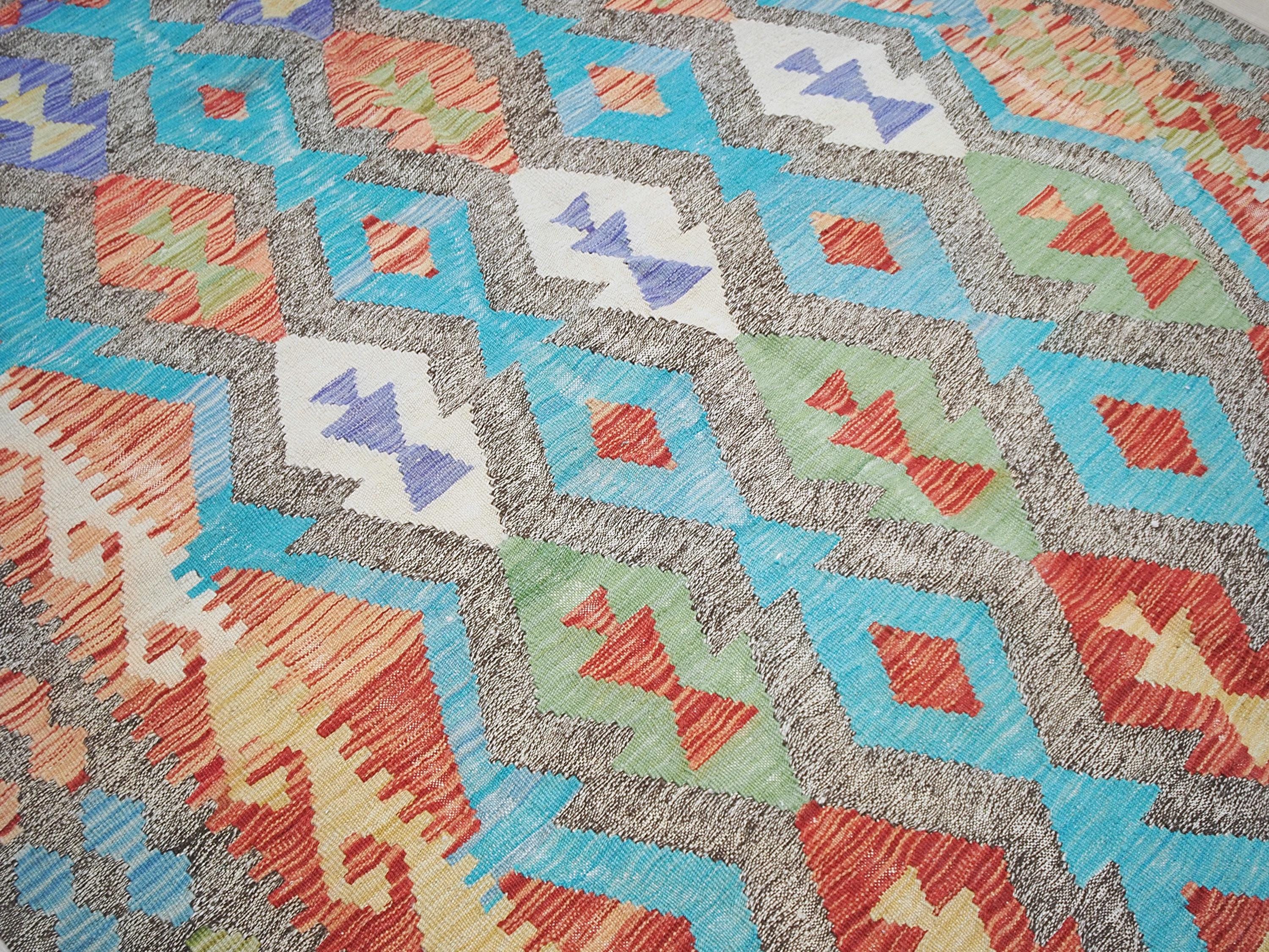 5x6 Ft Cyan Tribal Kilim Rug - Flat Weave Scandinavian Rug