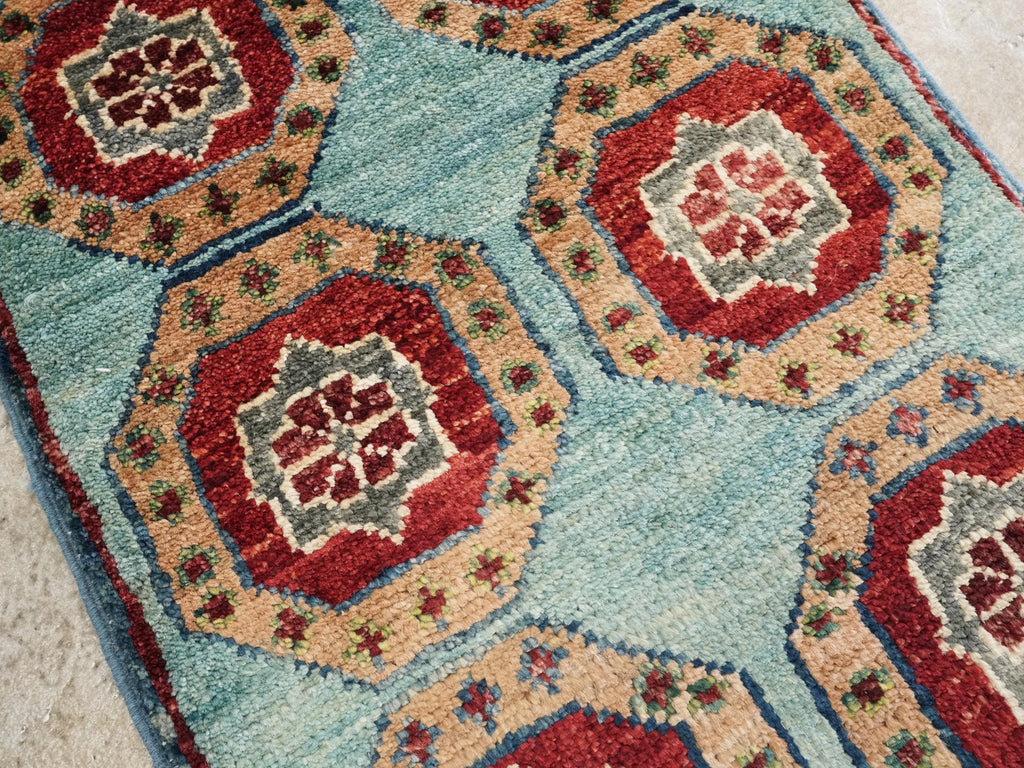 1x2 Ft Hand Knotted Cyan Mamluk Rug: Ghazni Wool Oriental Accent Rug