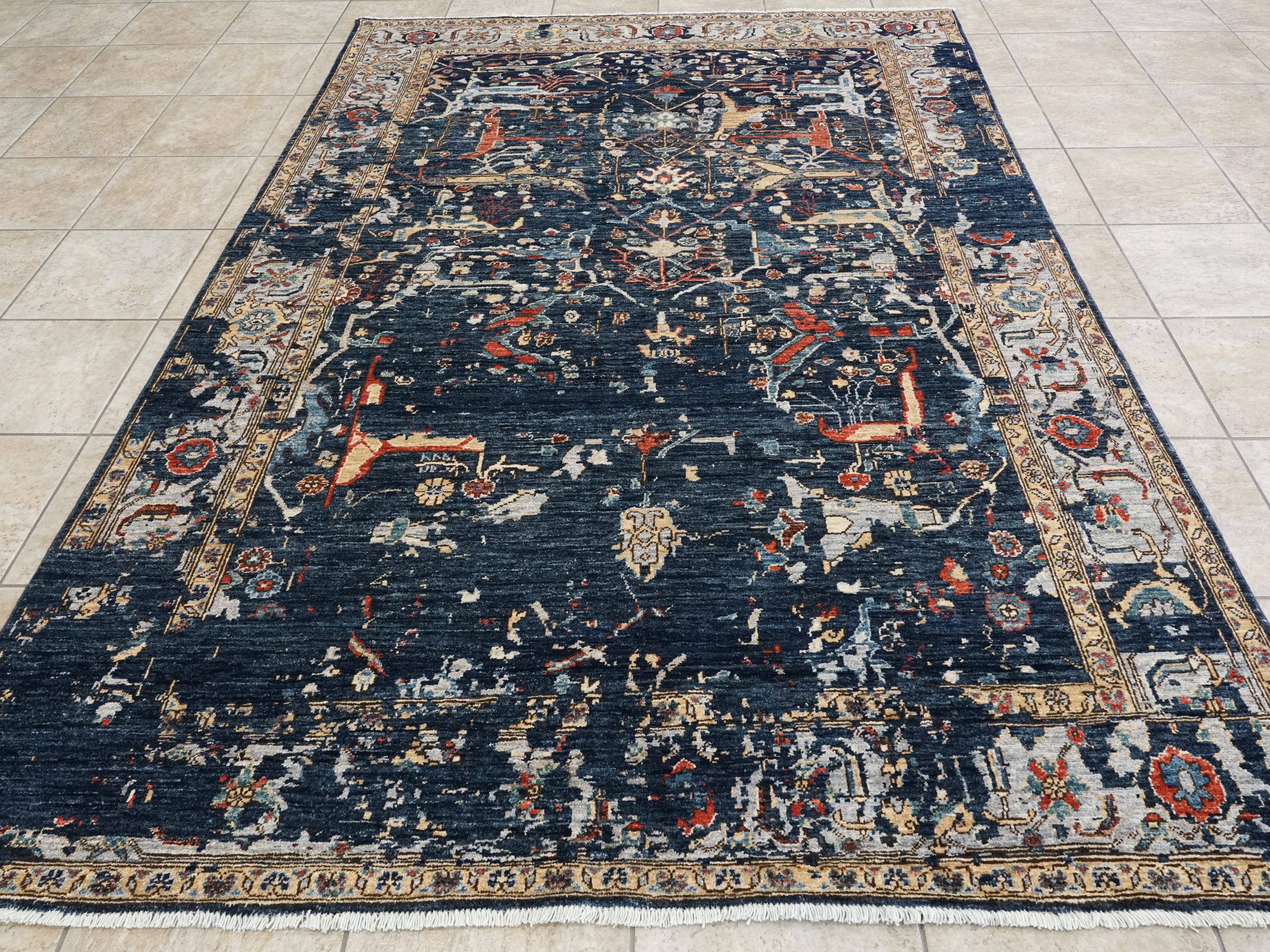6x9 Ft Blue Serapi Rug - Hand Knotted Afghan Area Rug