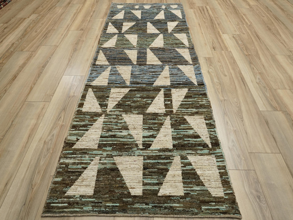 10 Ft White & Blue Handmade Moroccan Runner Rug - Contemporary Design