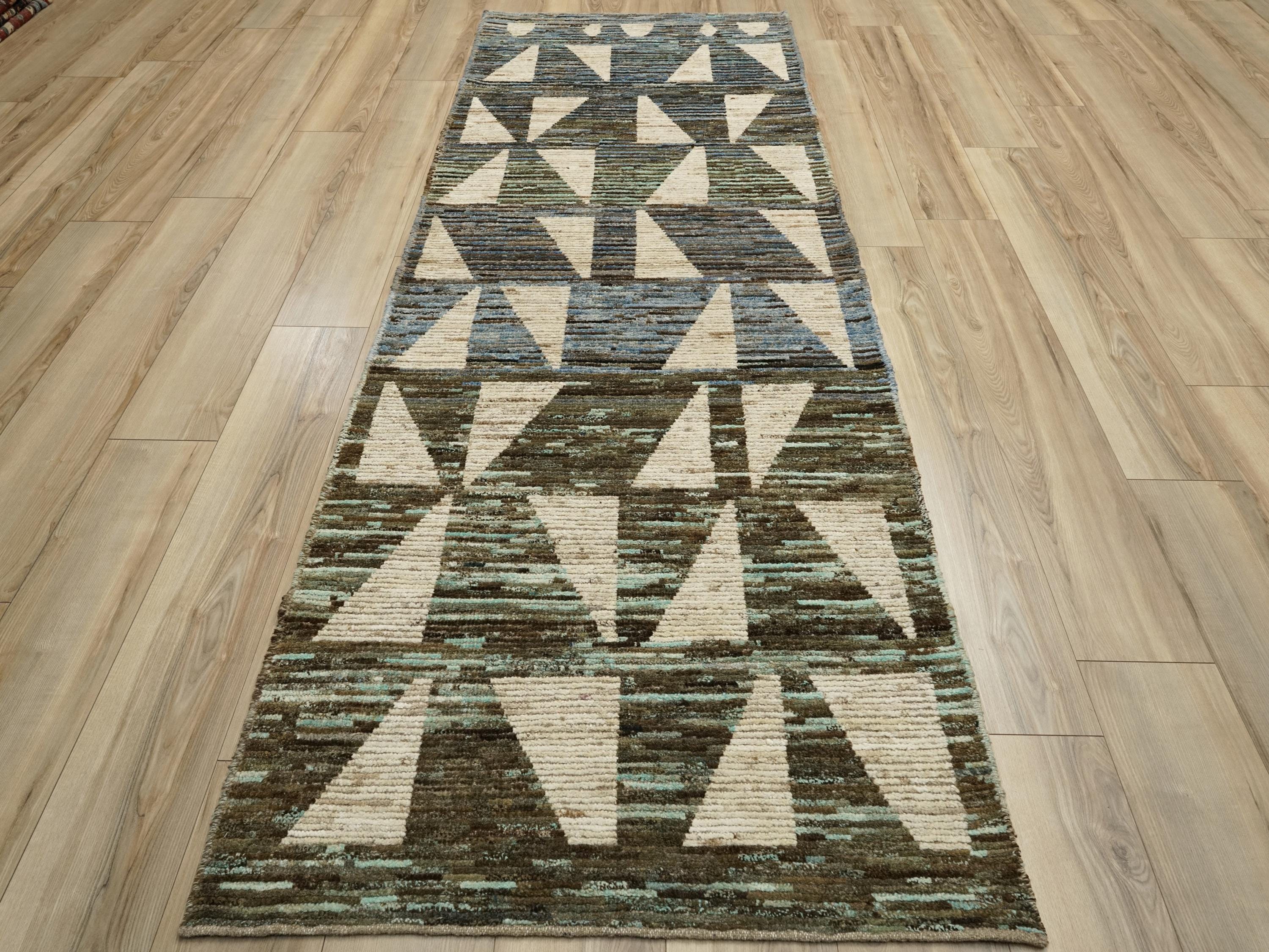 10 Ft White & Blue Handmade Moroccan Runner Rug - Contemporary Design