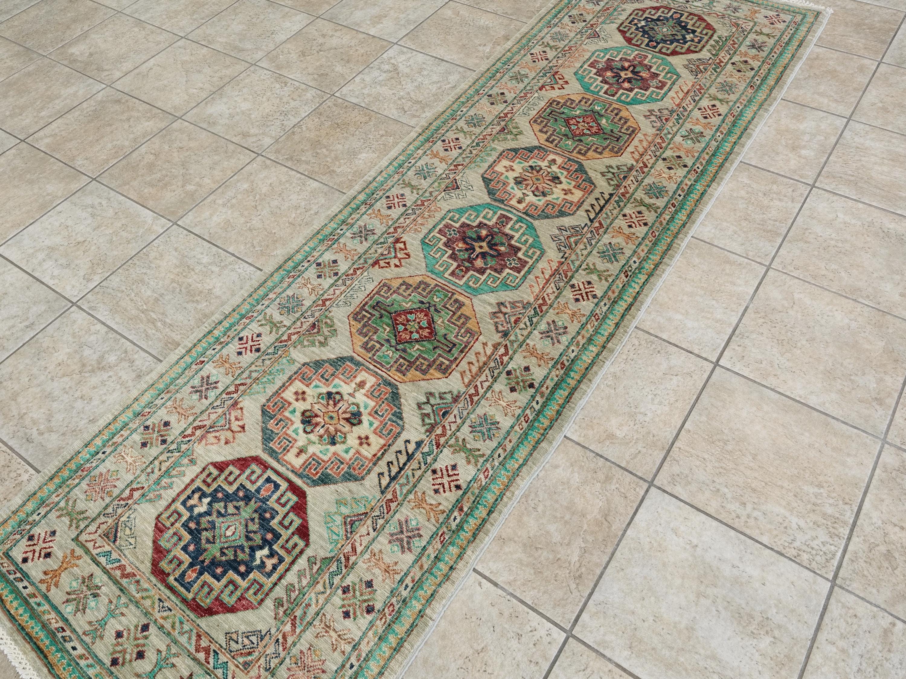 9 Ft Light Green Ersari Runner Rug - Hand Knotted Hallway Rug - Turkmen Design