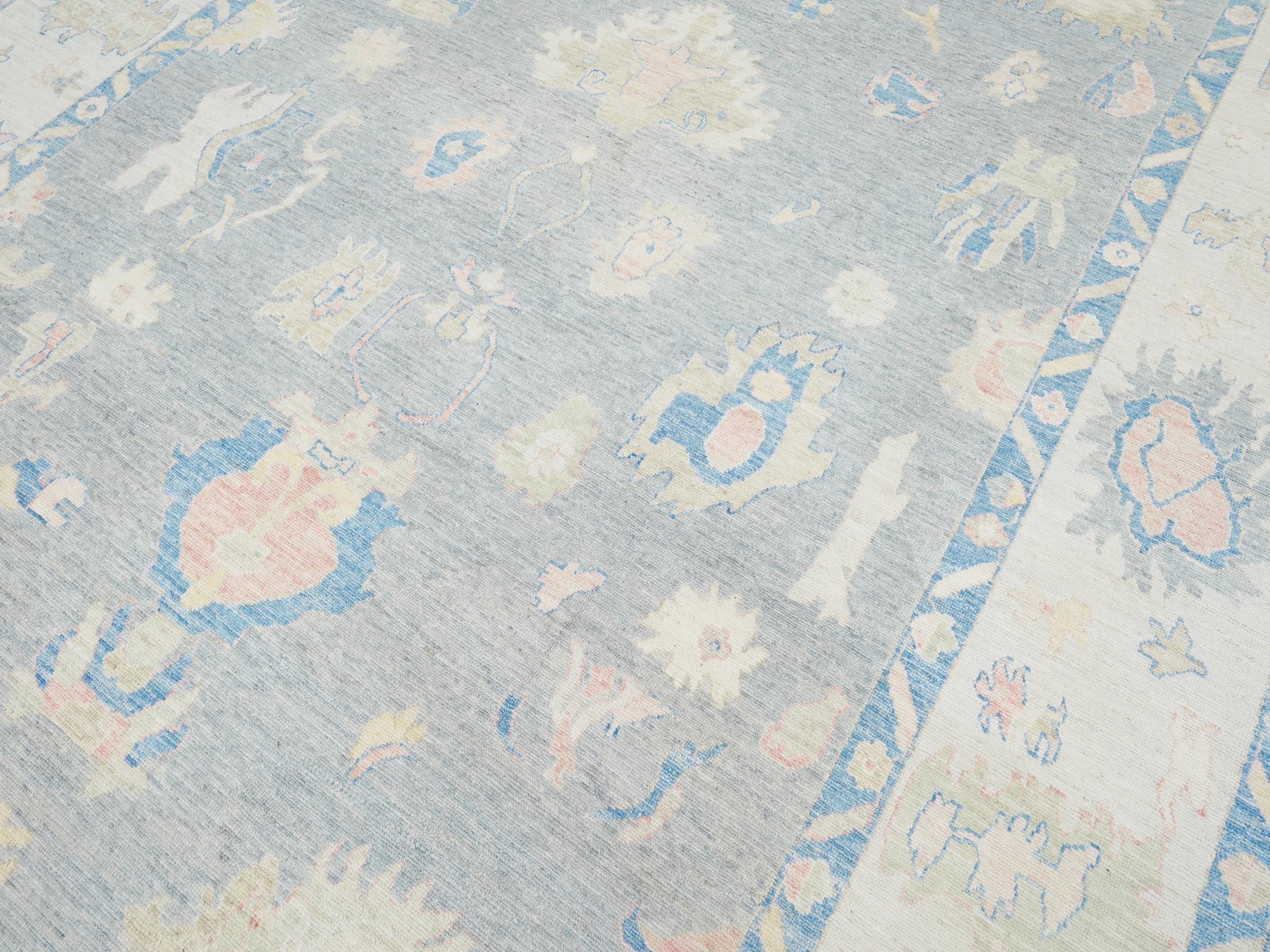 10x14 Ft Muted Blue Ushak Rug - Hand Knotted Wool Area Rug