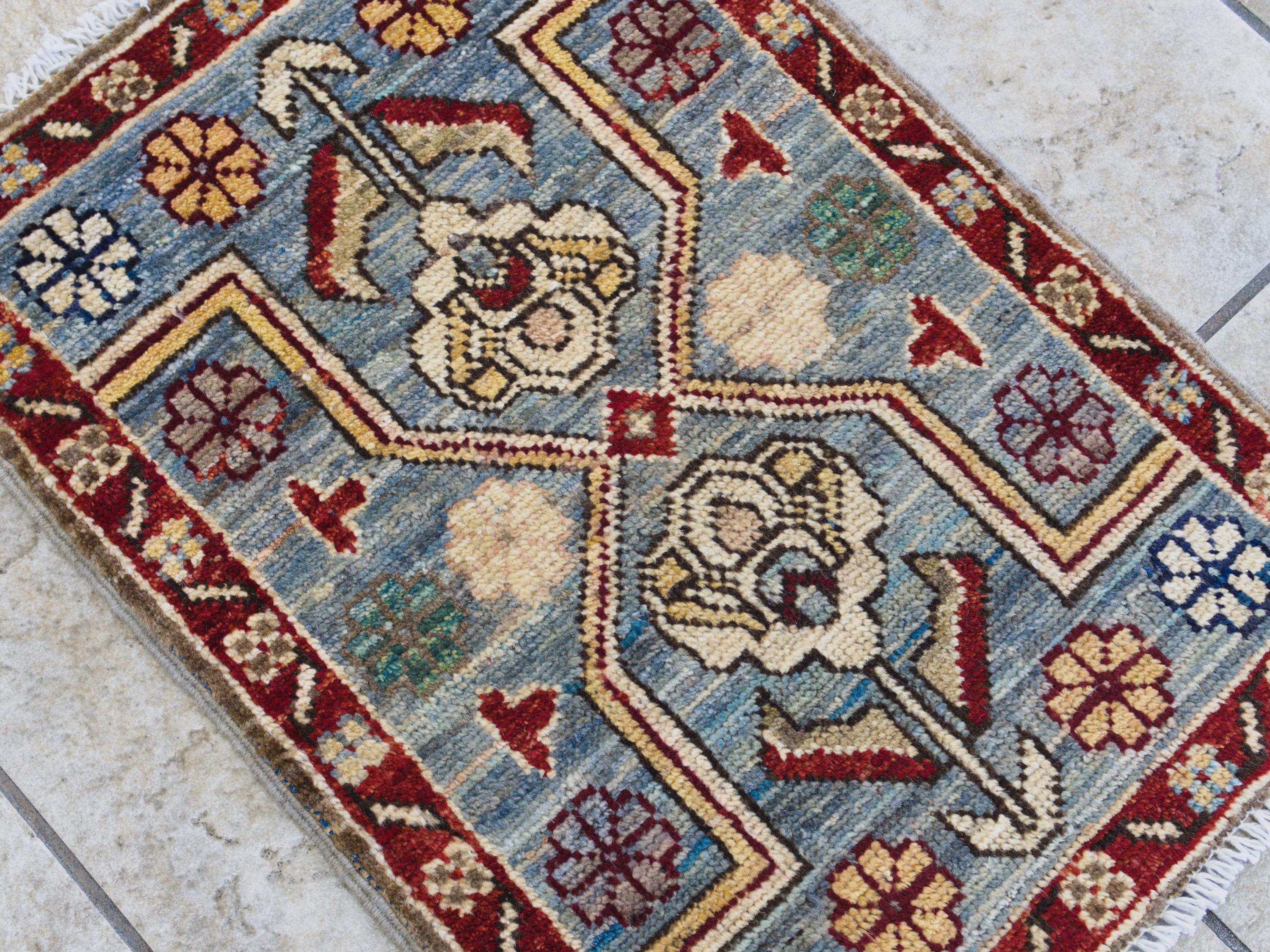 1x2 Ft Blue & Red Heriz Rug - Wool Accent Rug