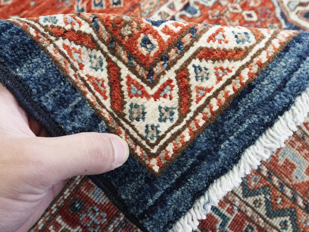 5x7 Ft Red & Blue Heriz Rug - Handmade Area Rug - Geometric Design