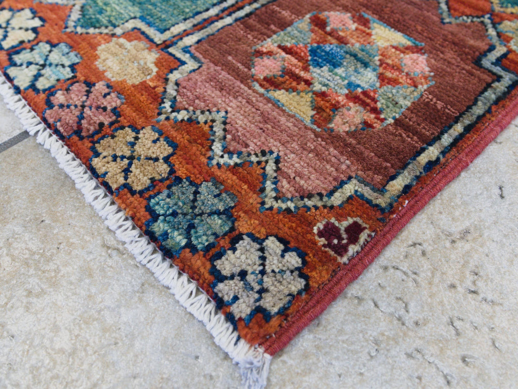 1x2 Ft Red & Green Heriz Rug - Wool Accent Rug