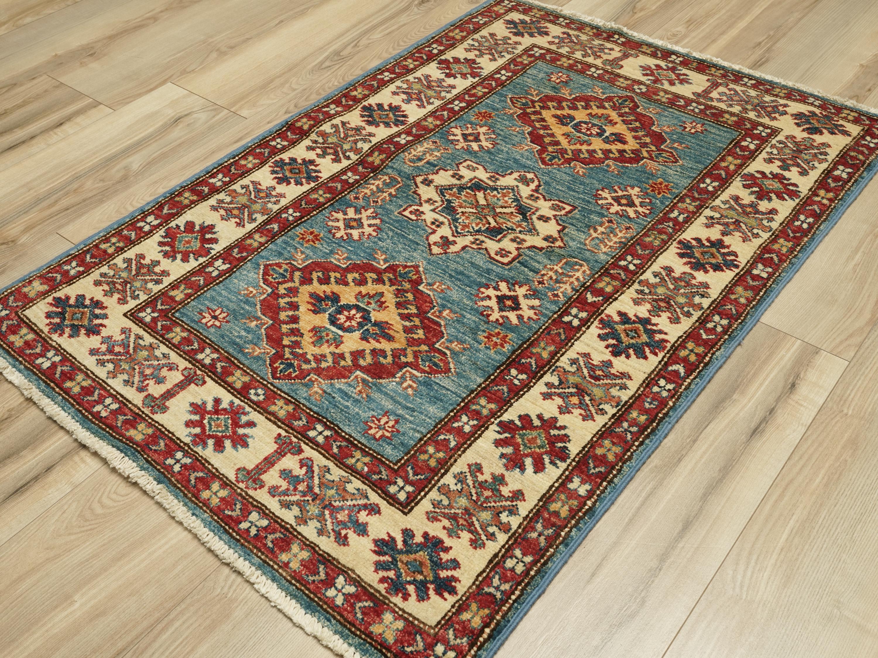 3x4 Ft Light Blue Kazak Rug - Afghan Wool Area Rug