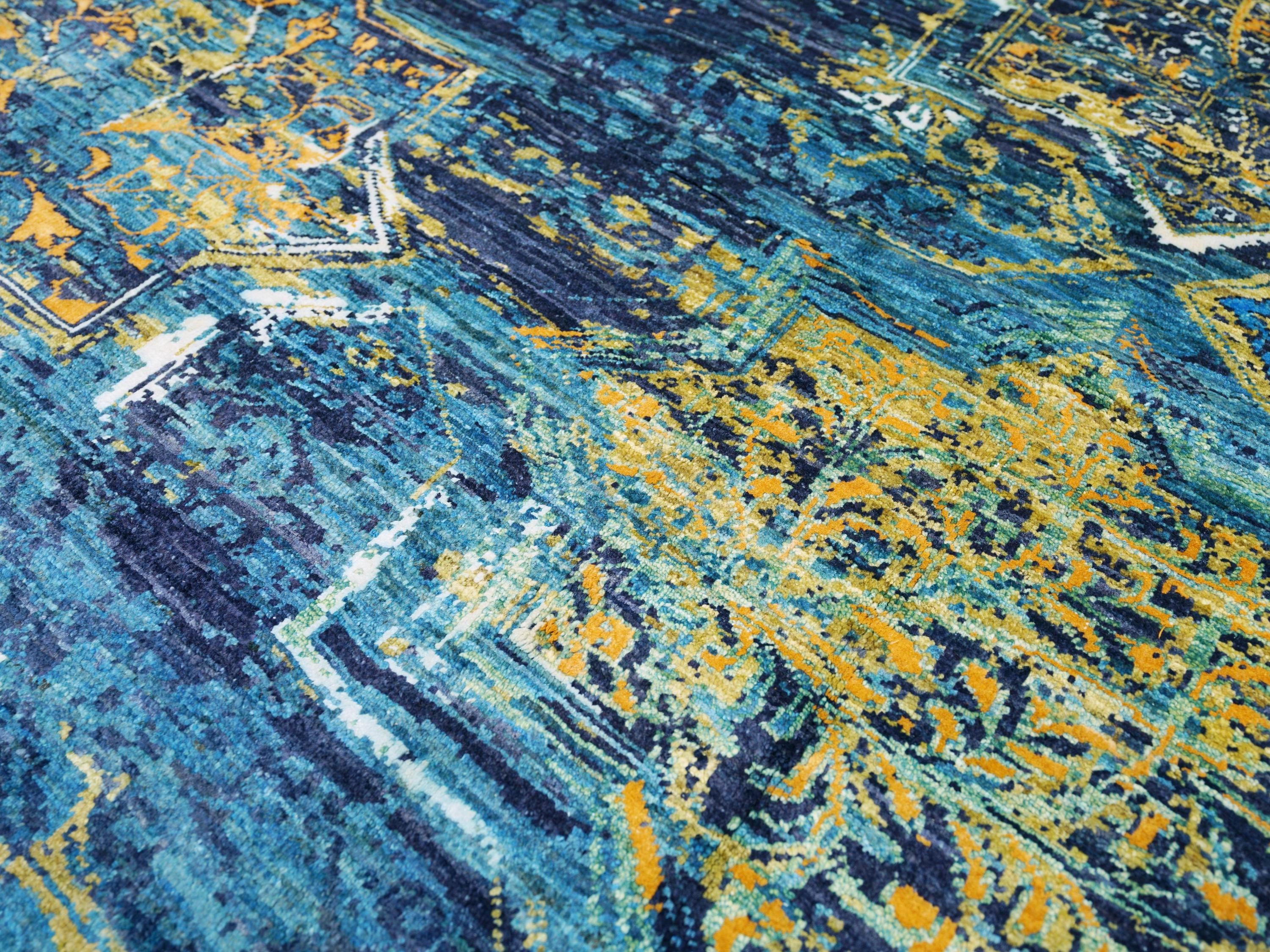 5x7 Ft Blue Abstract Wool Rug - Hand Knotted Area Rug