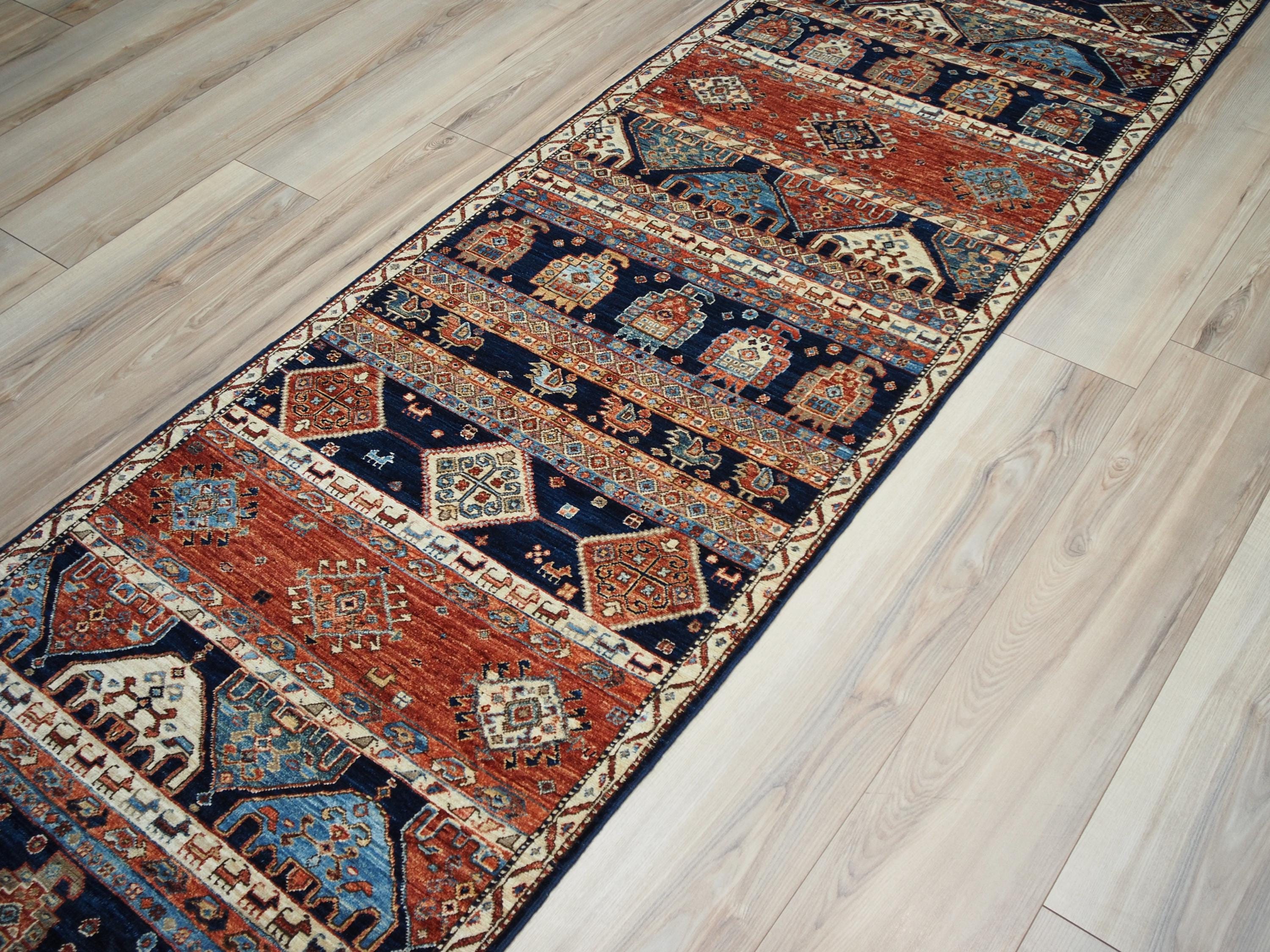10 Ft Blue Heriz Runner Rug - Afghan Wool Hallway Rug
